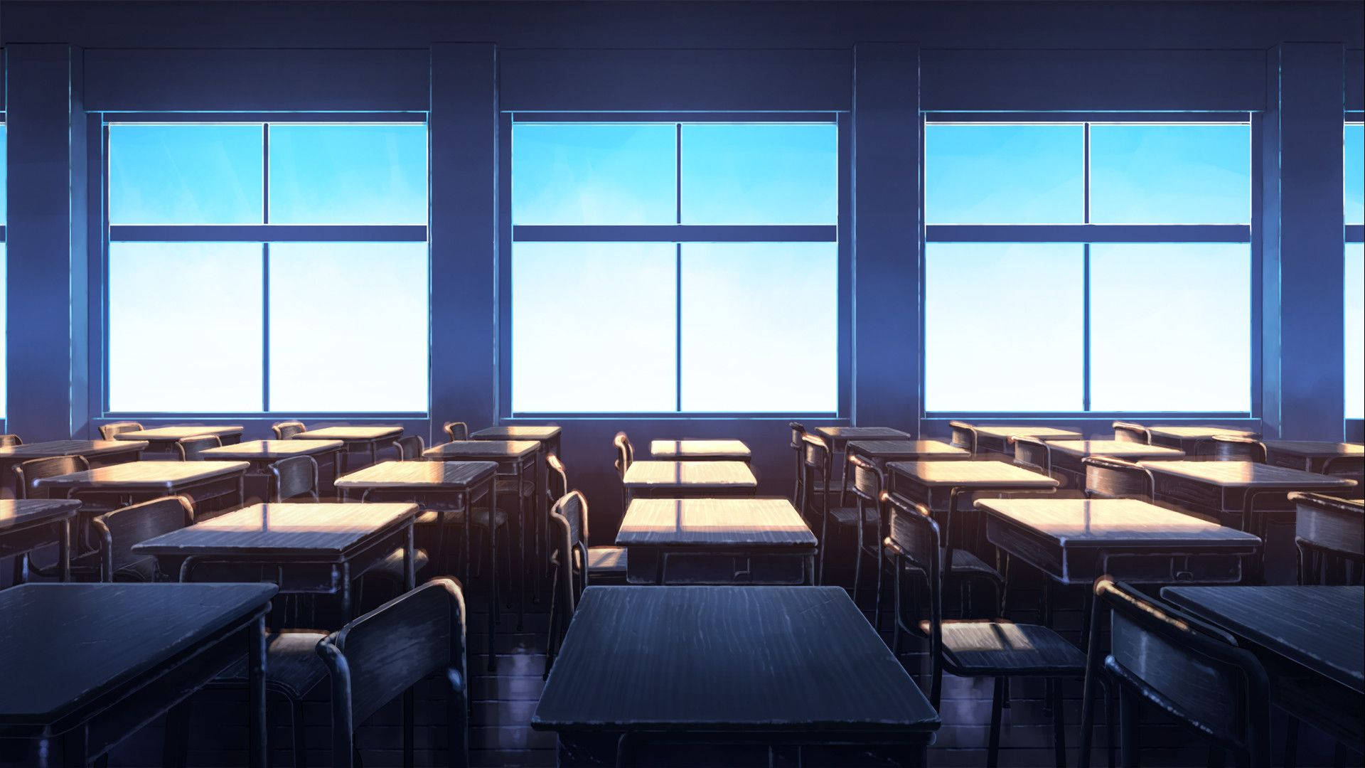 Anime-skooltoneel Klaskamer met Vensteruitsig Muurpapier