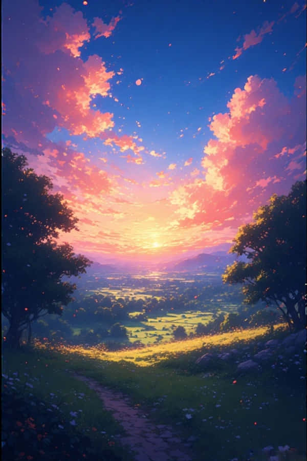 Anime Sonsondergang Landelike Uitsig Dromerig Lewendig 4K Muurpapier