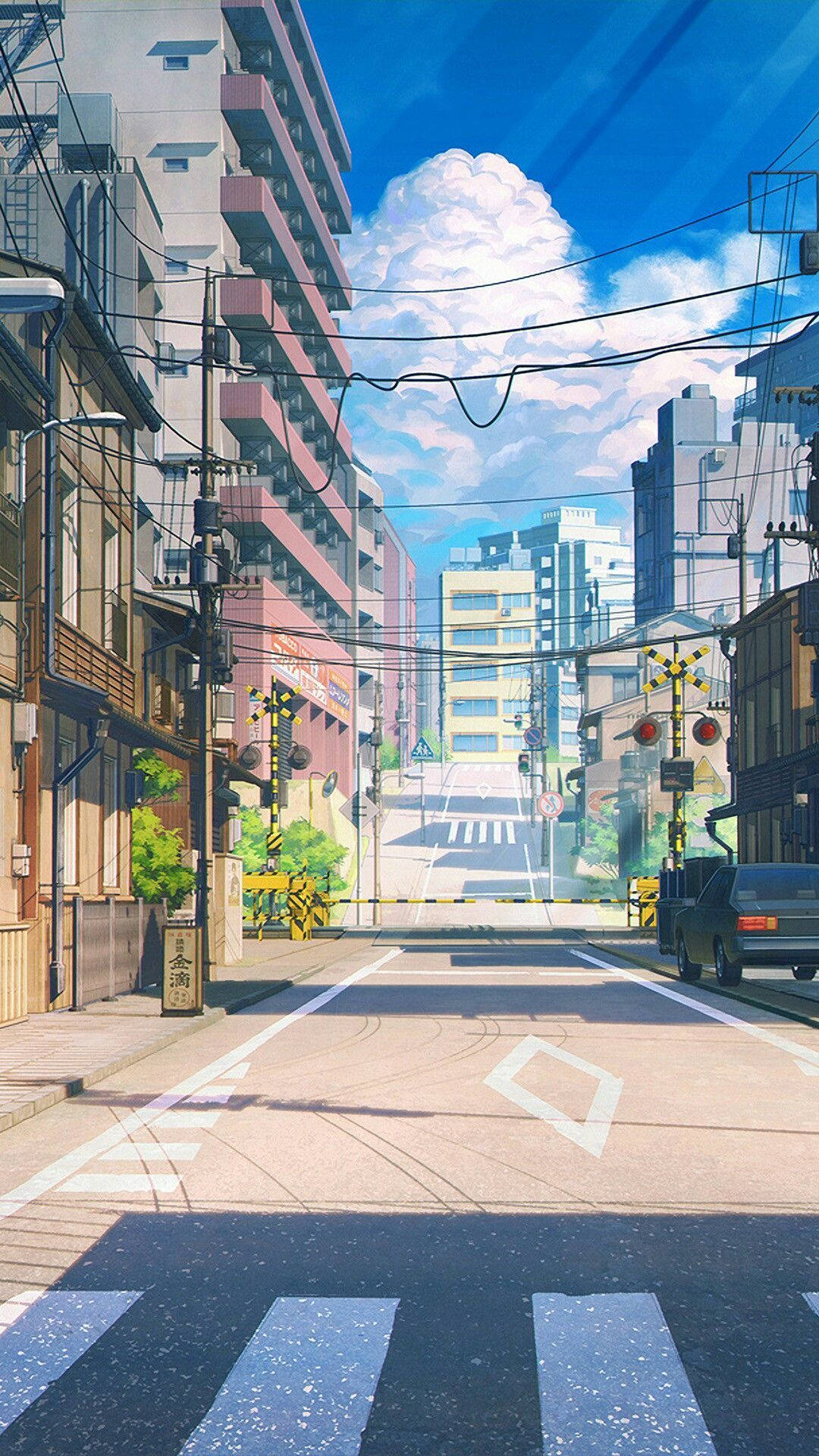 Anime-straat met Geboue Muurpapier