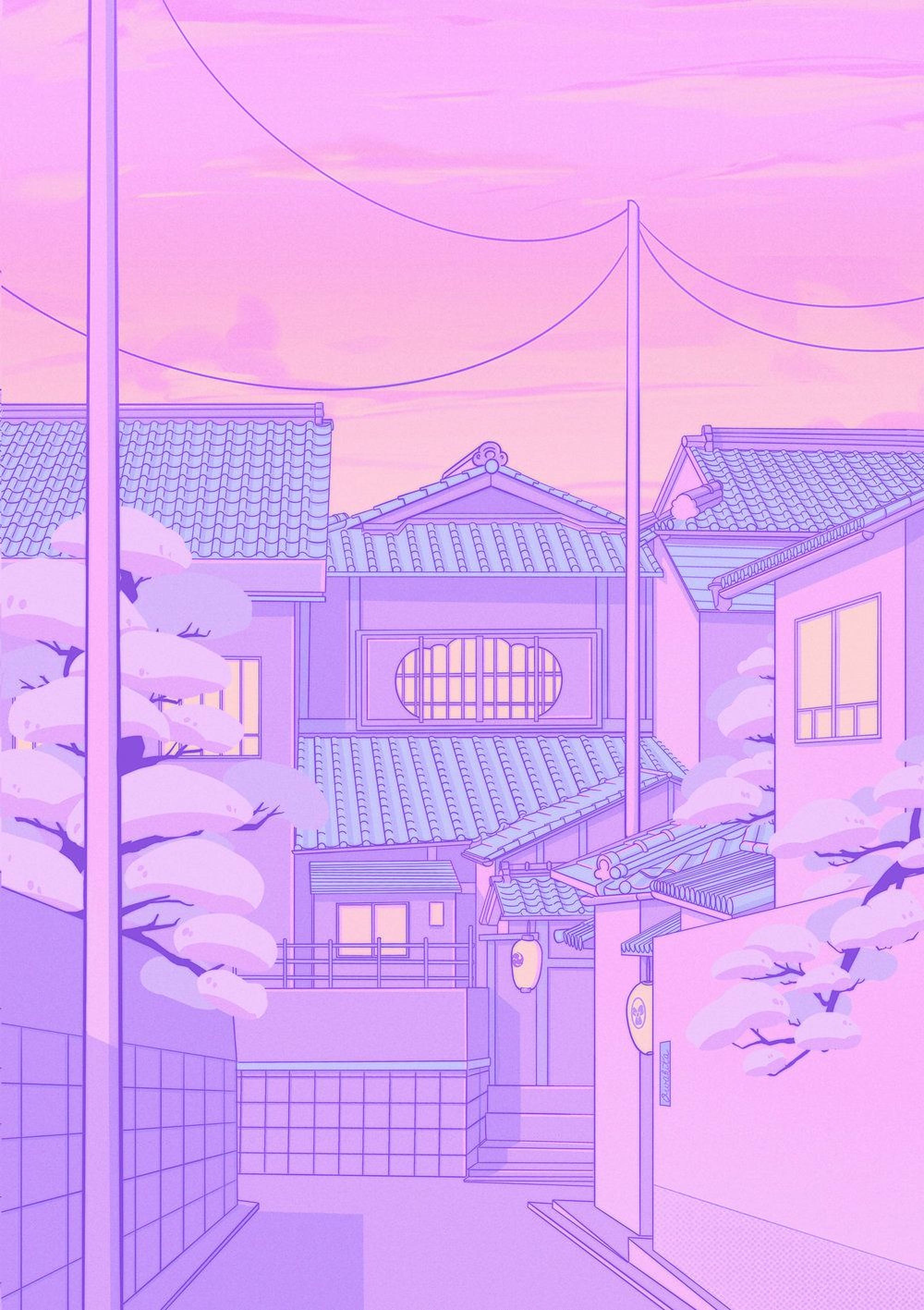 Anime-straat Pastel lug Agtergrond Muurpapier