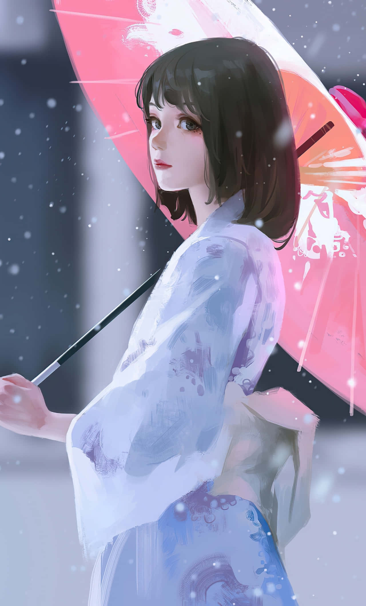 Anime Tienermeisie in Kimono Prent Muurpapier