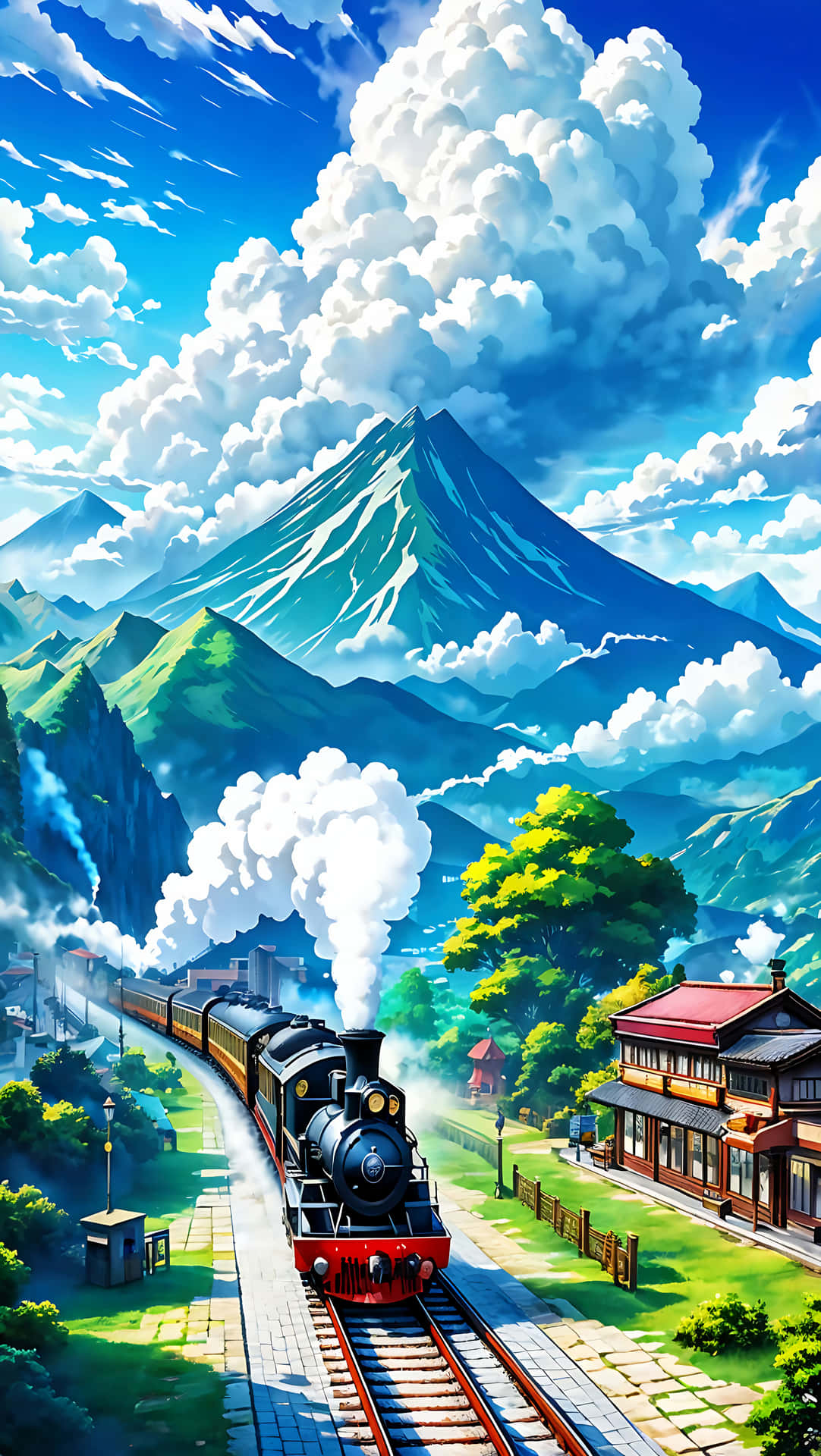 anime, anime natuur, trein, natuur, lofi, lofi agtergrond, treinstasie, spoorweg, muurpapier, agtergrond, 4K, tekenprent, anime styl, toneel, berge, lofi landskap, lofi natuur, lug, berg trein — Anime landskap GIF Muurpapier