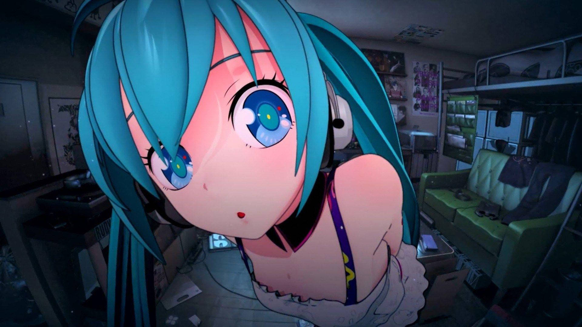 Anime Waifu Hatsune Miku wat na die kamera kyk Muurpapier