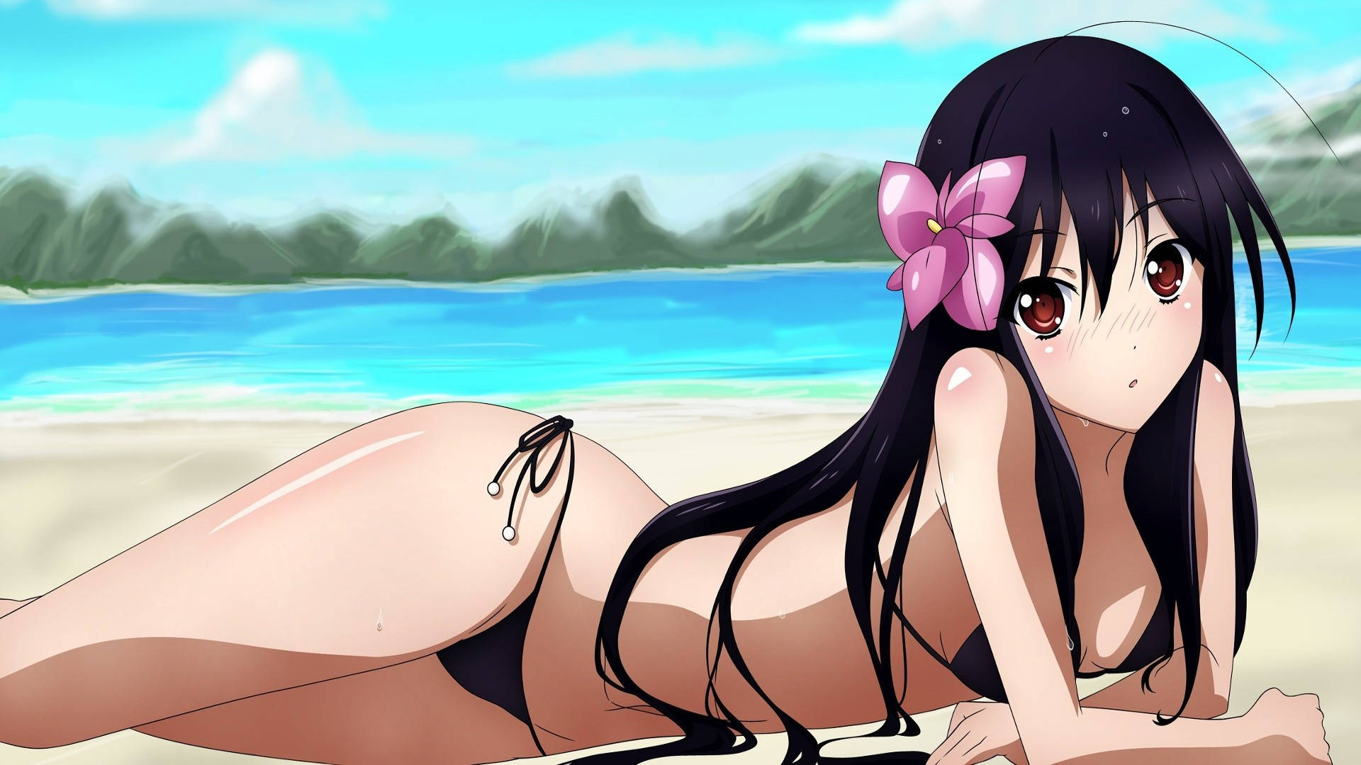 Animevrou in Bikini by die Strand Muurpapier
