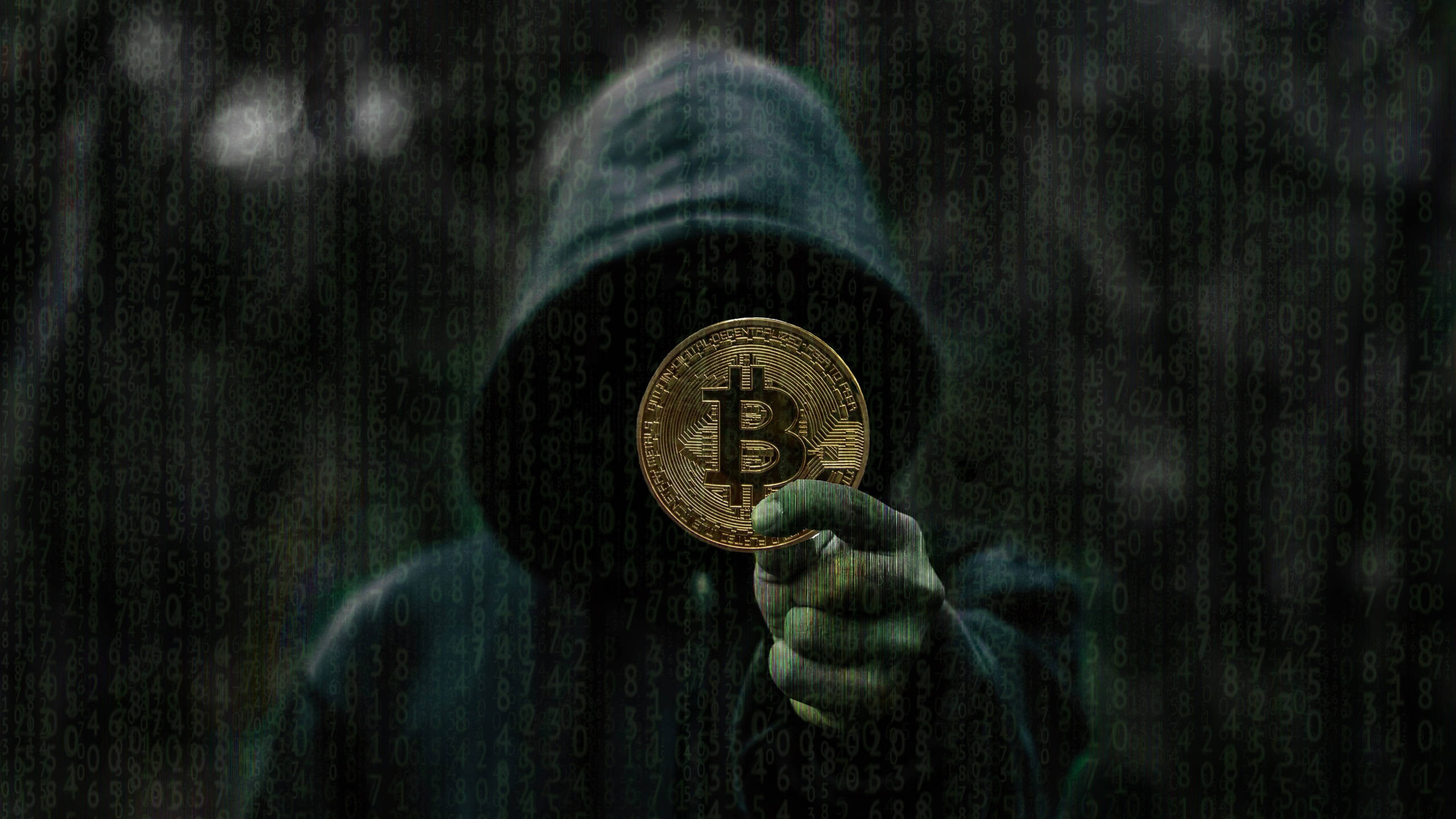 Anonieme Man met Bitcoin Crypto Agtergrond Muurpapier