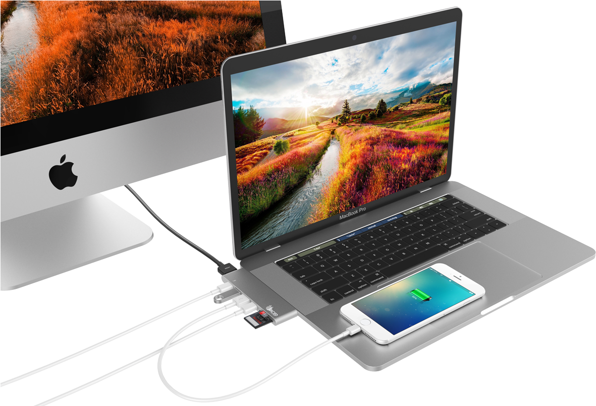Apple MacBook Pro met iPhone en iMac-opstelling Muurpapier