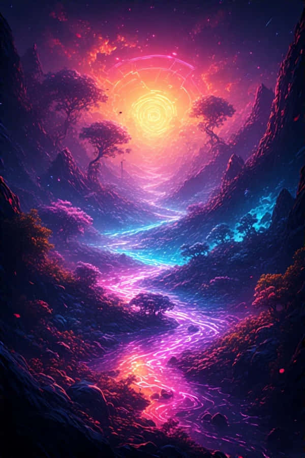 Asemrowende Neon Landskap Lewendige Kleure 4K Muurpapier
