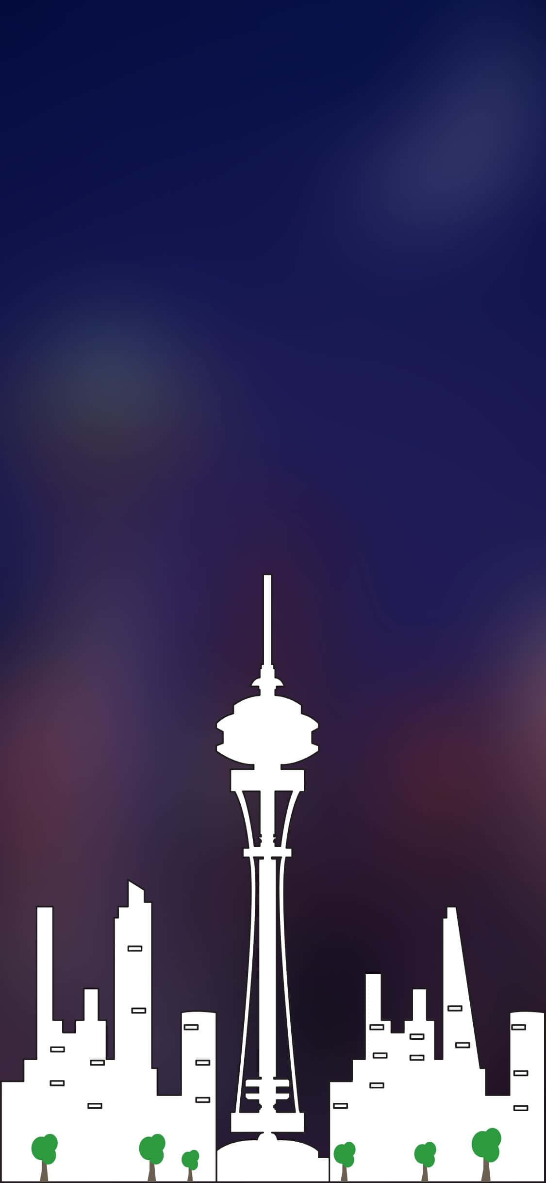 Asemrowende stadsilhoeët van Seattle weerspieël in die glas van 'n iPhone X Muurpapier