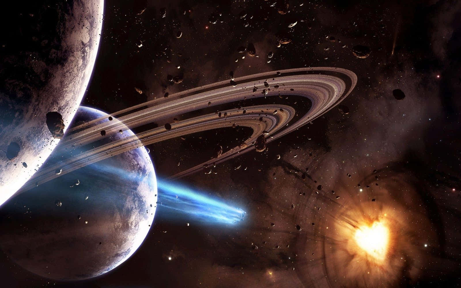 Asemrowende Uitsig oor die Ruimte met Planete, Sterre en Newel Muurpapier