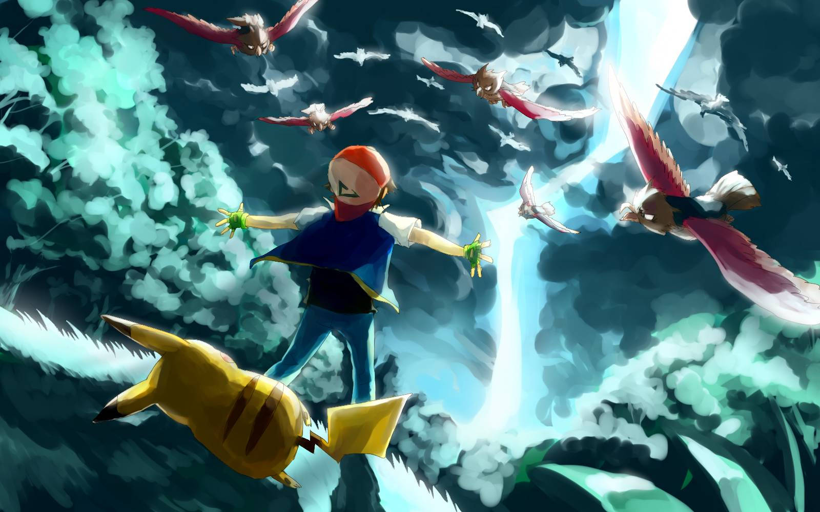 Ash wat Pikachu verdedig teen vyande of slegte Pokemon in 'n bos terwyl donderweer slaan.