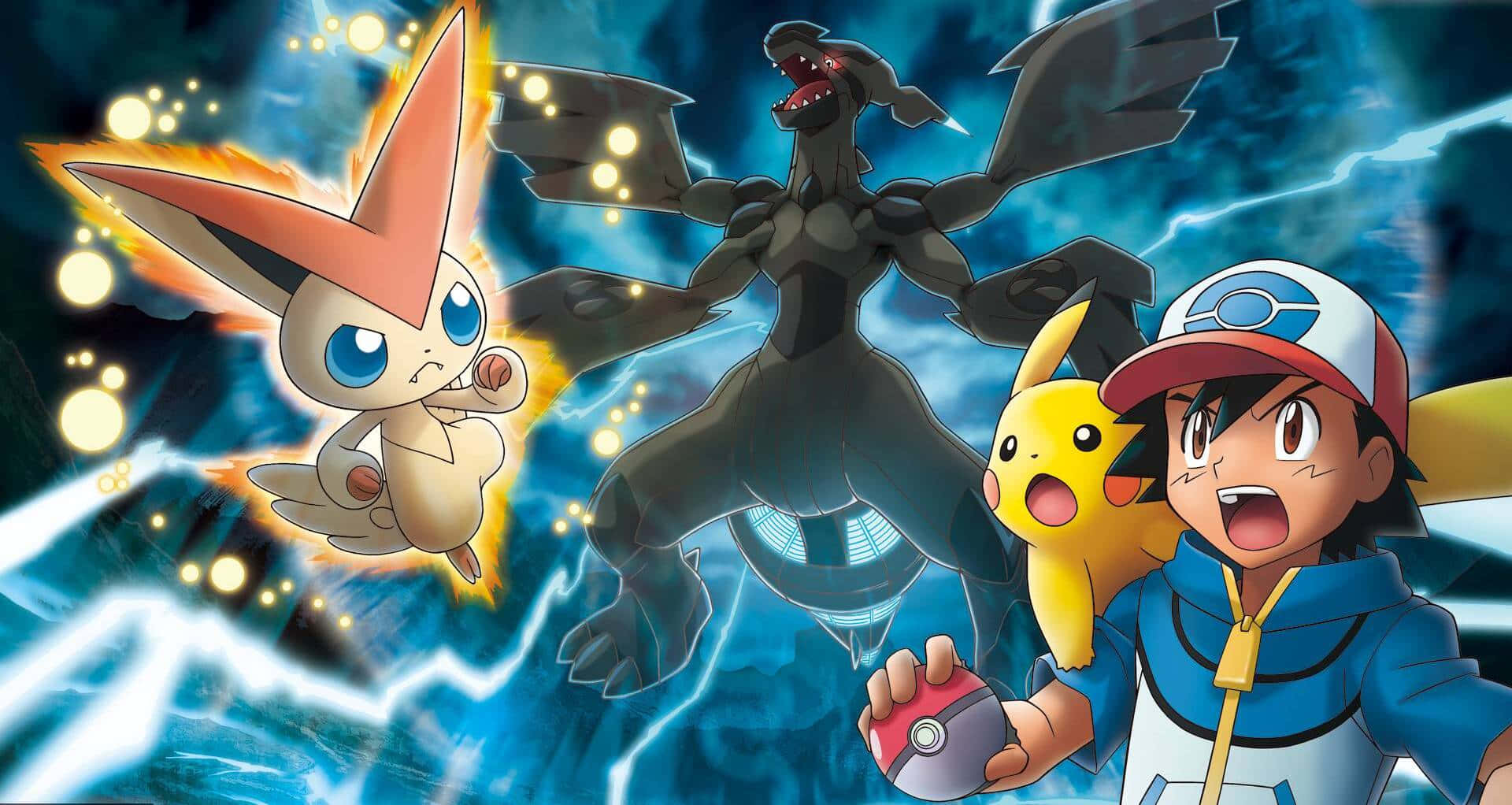 Ash Ketchum, Pikachu en Zekrom Pokémon-vegteragtergrond Muurpapier