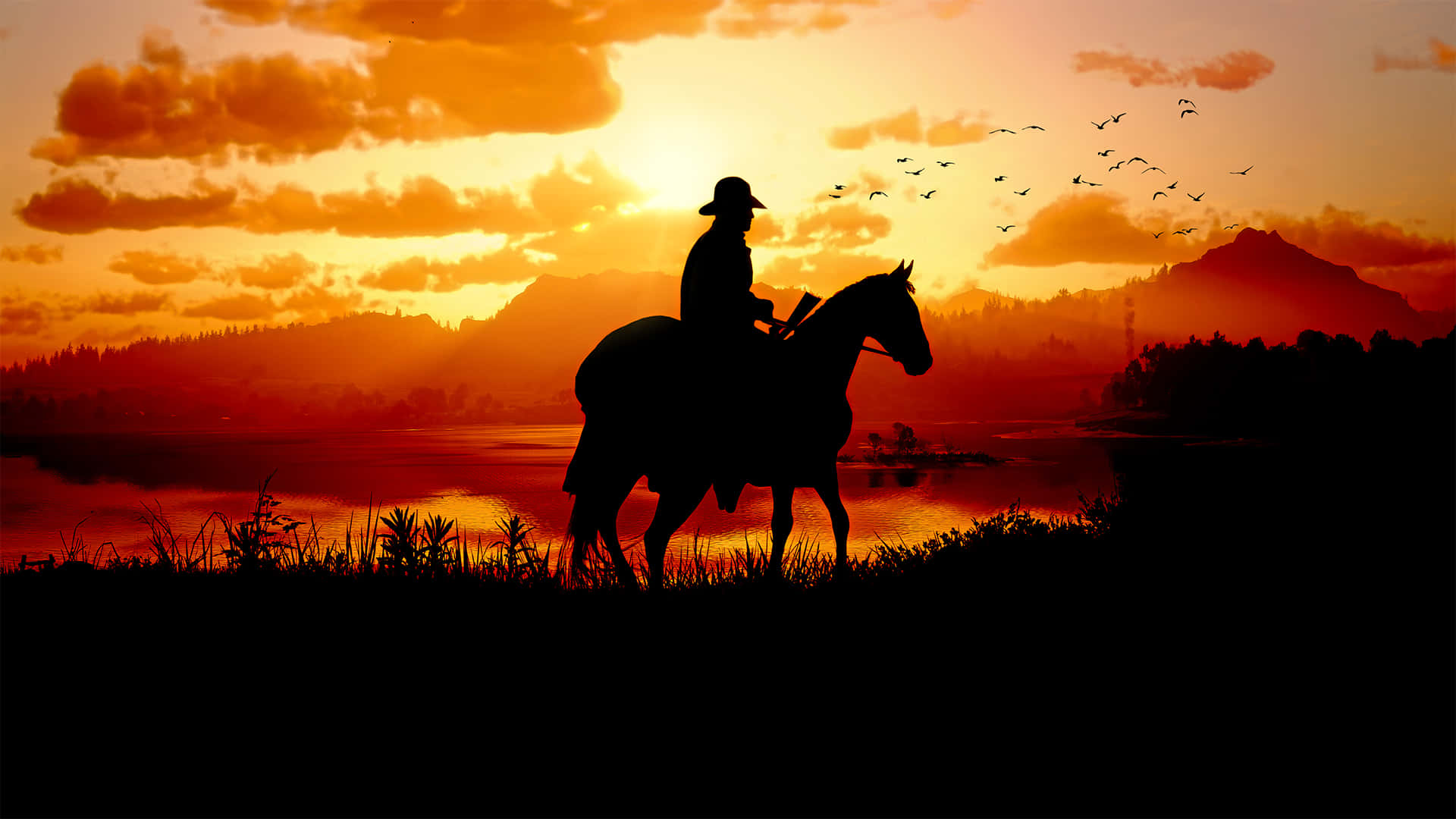 Balju wat perd ry met sonsondergang 1920x1080 Red Dead Redemption 2 Agtergrond Muurpapier
