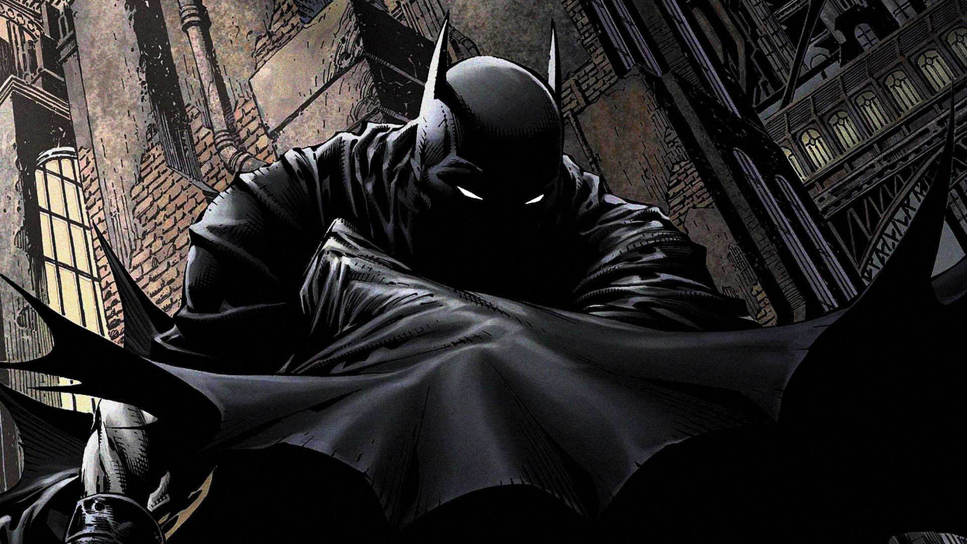 Batman in gebou strokieprent agtergrond