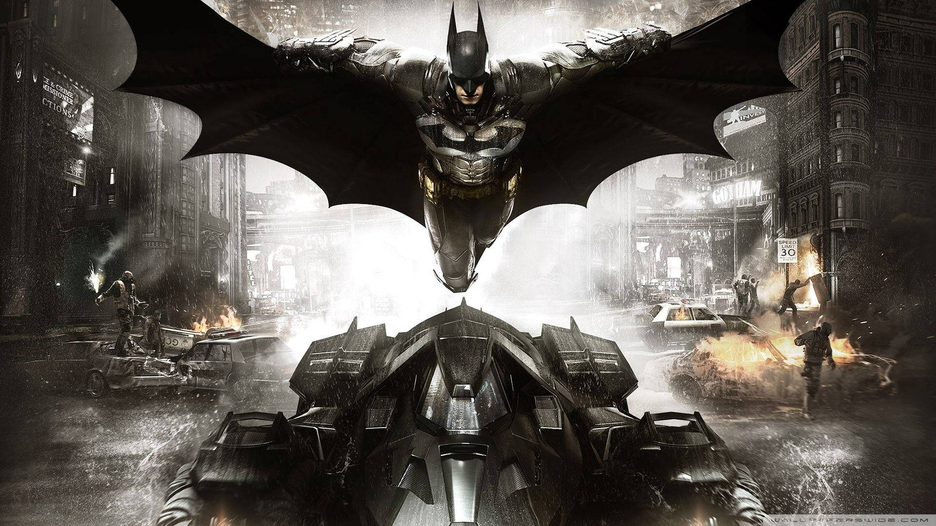 Batman vlieg oor Batmobile agtergrond