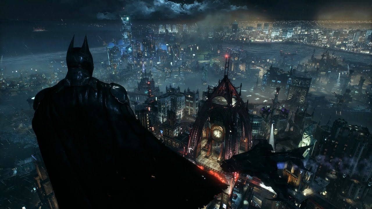 Batman wat oor Gotham uitkyk agtergrond