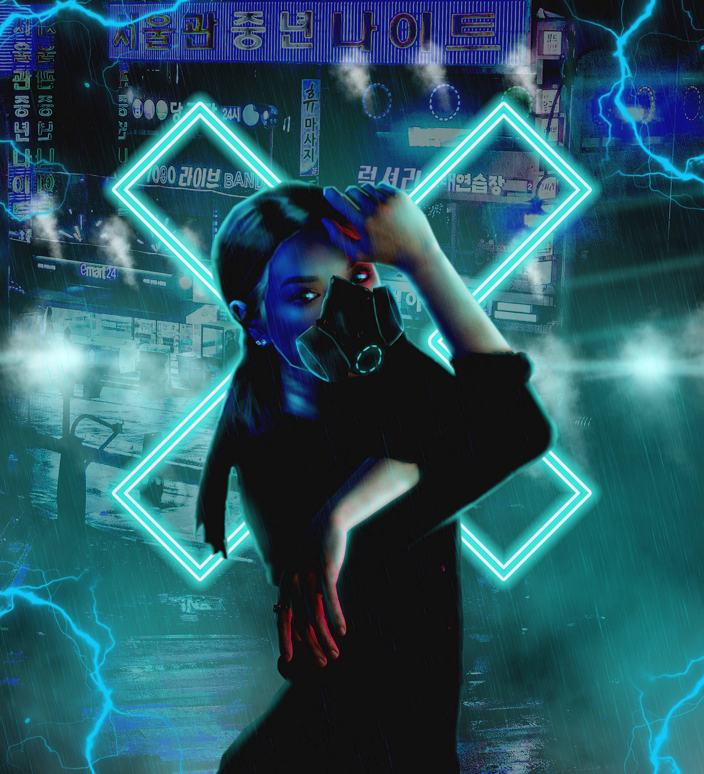 Beeld Cyberpunk Meisie Asemhalingsmasker Muurpapier