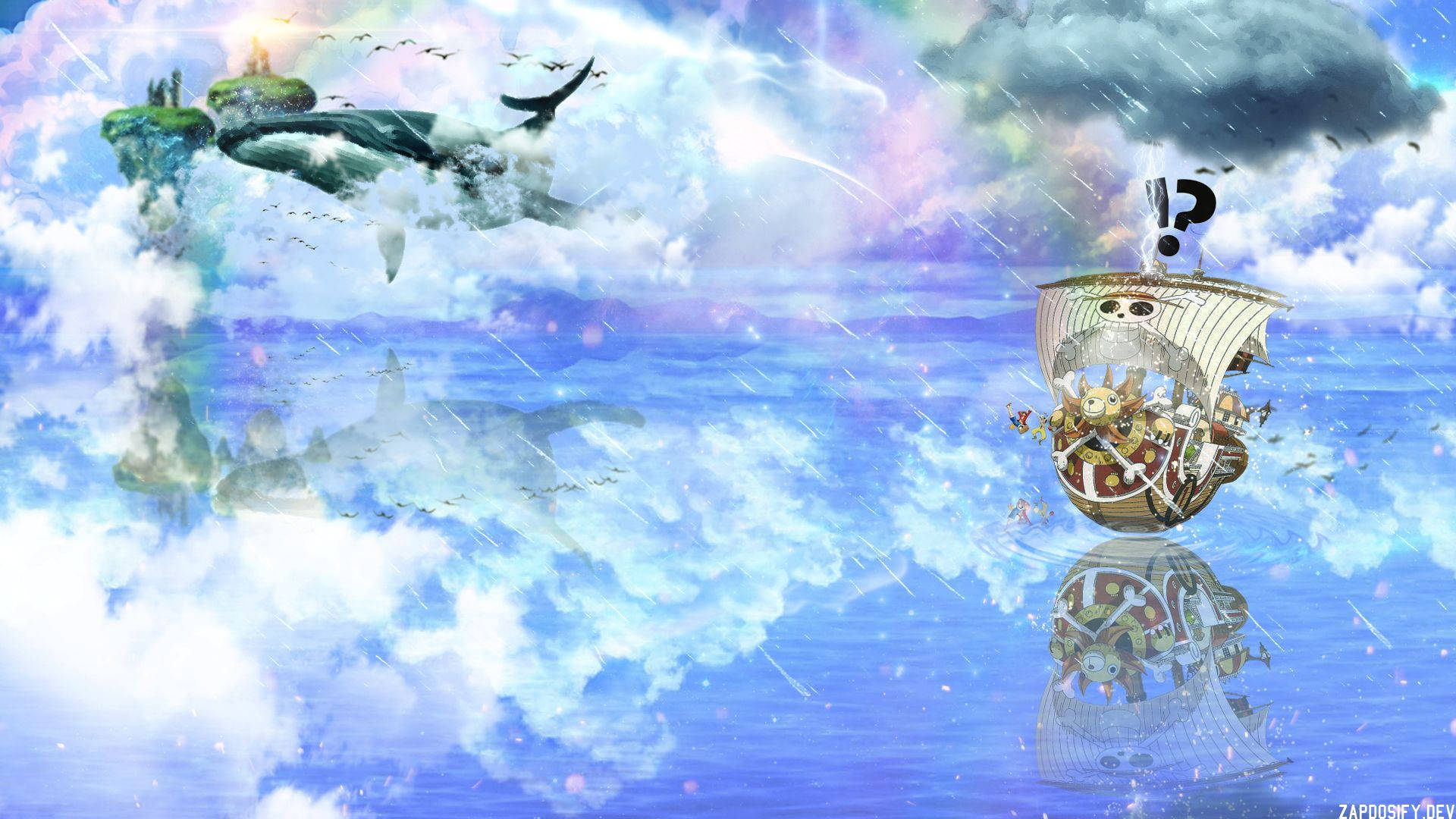 One Piece piratskip wat op estetiese see dryf agtergrond.
