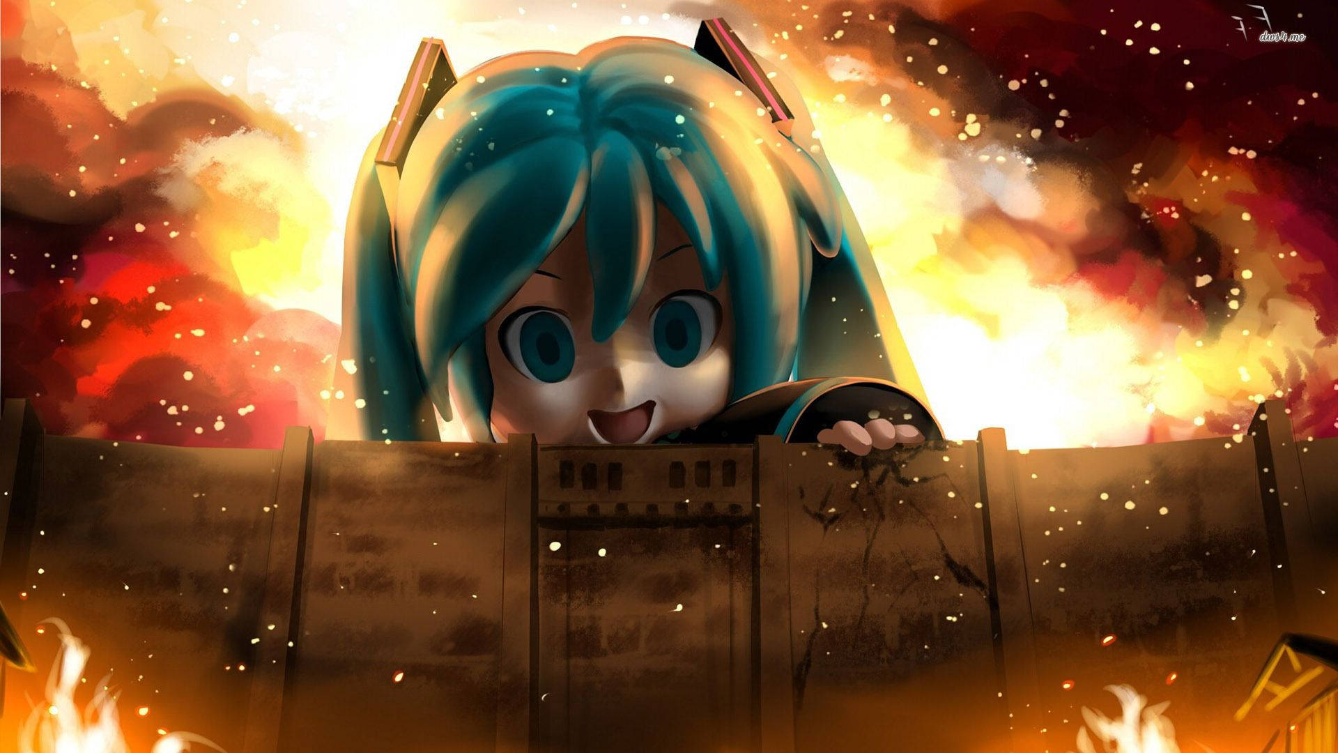 Miku Hatsune loer oor die muur as die Kolossale Titan in 'n Attack on Titan-oorkruisings-aanhangerskuns-agtergrond. — Attack On Titan Muurpapier