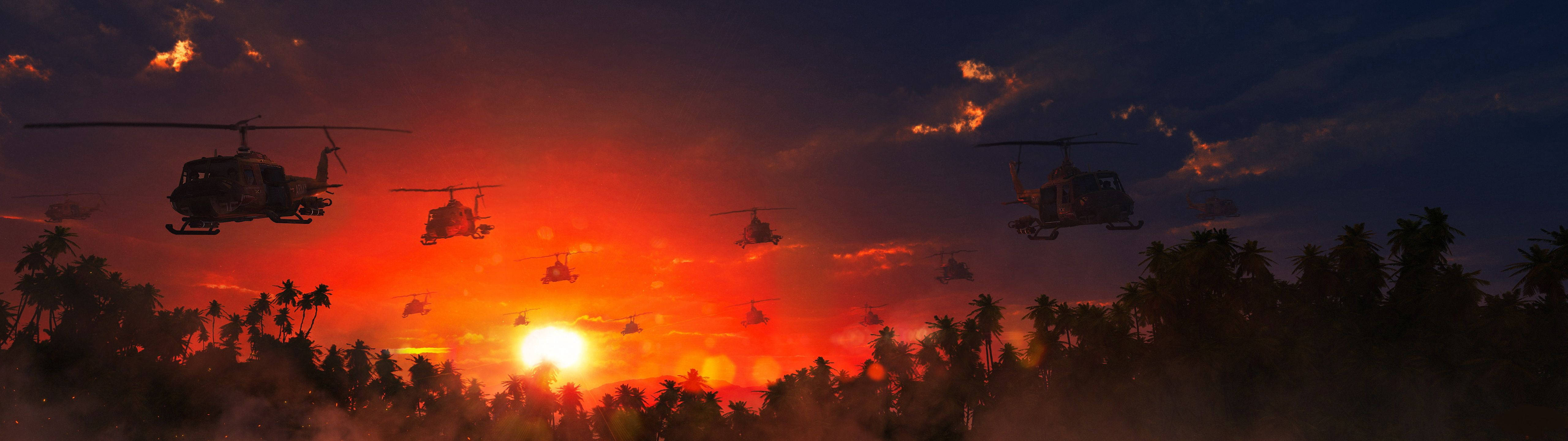 Beeld Twee Helikopters by Sonsondergang Muurpapier