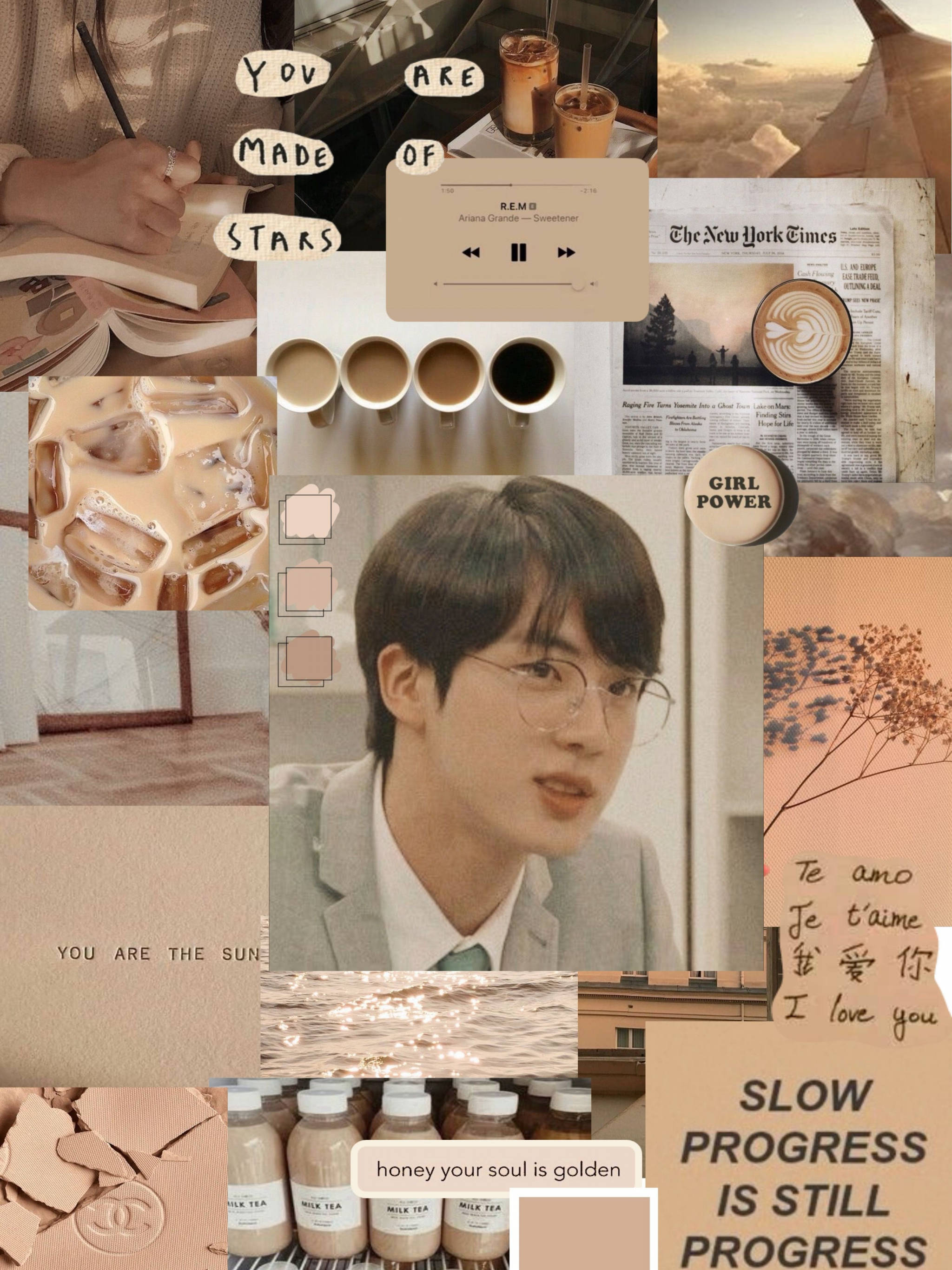 Beige Bruin Estetiese BTS Jin Muurpapier