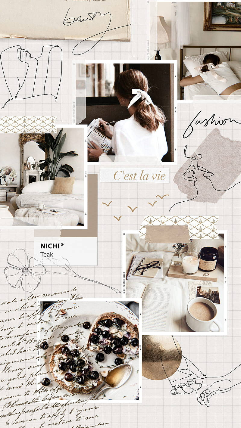 Beige Estetiese Collage Muurpapier