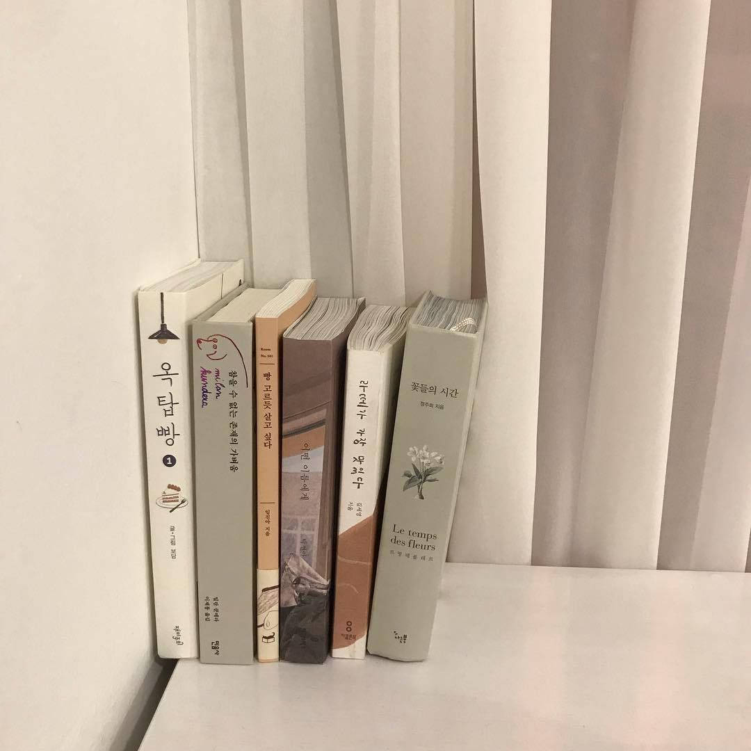 Beige Estetiese Koreaanse Boeke Muurpapier