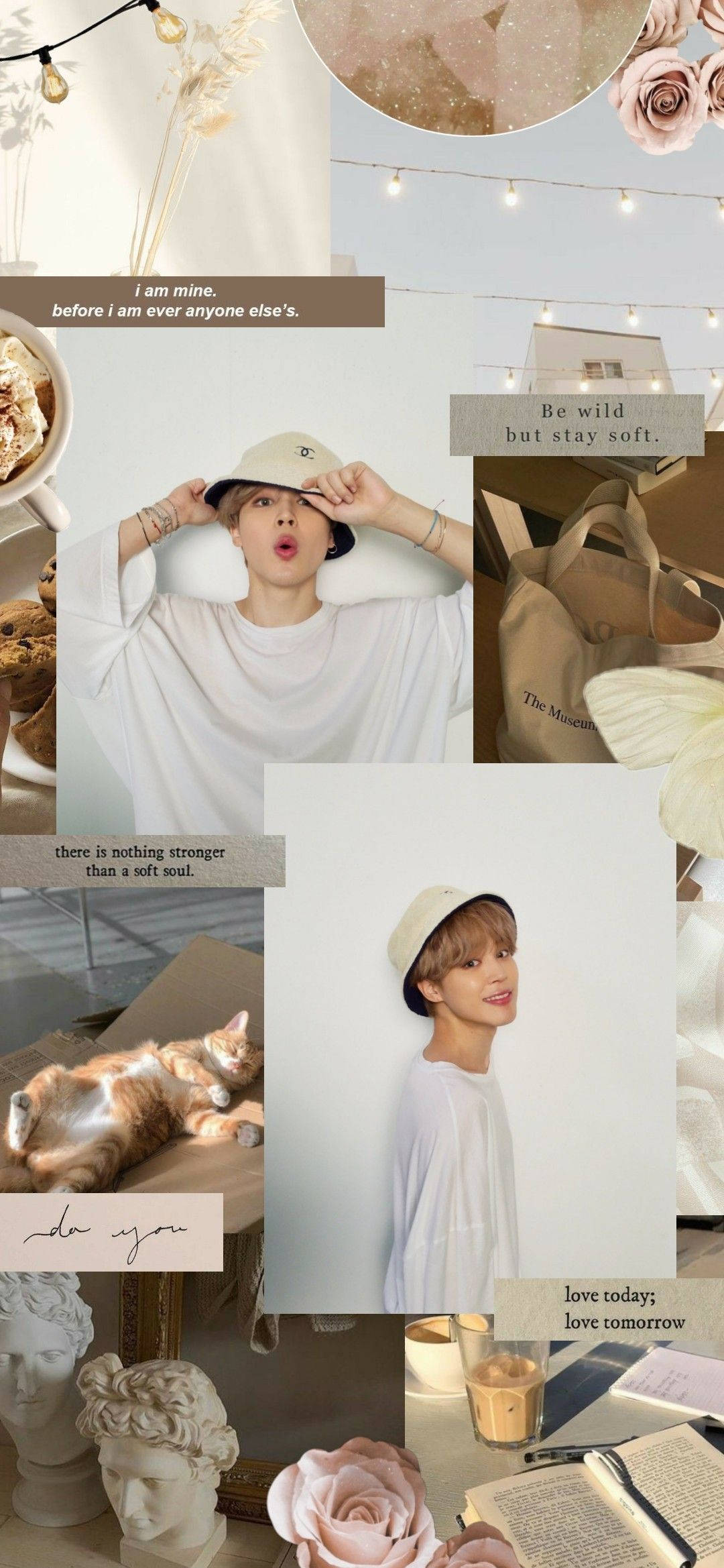 Beige Estetiese BTS Jimin Collage Muurpapier
