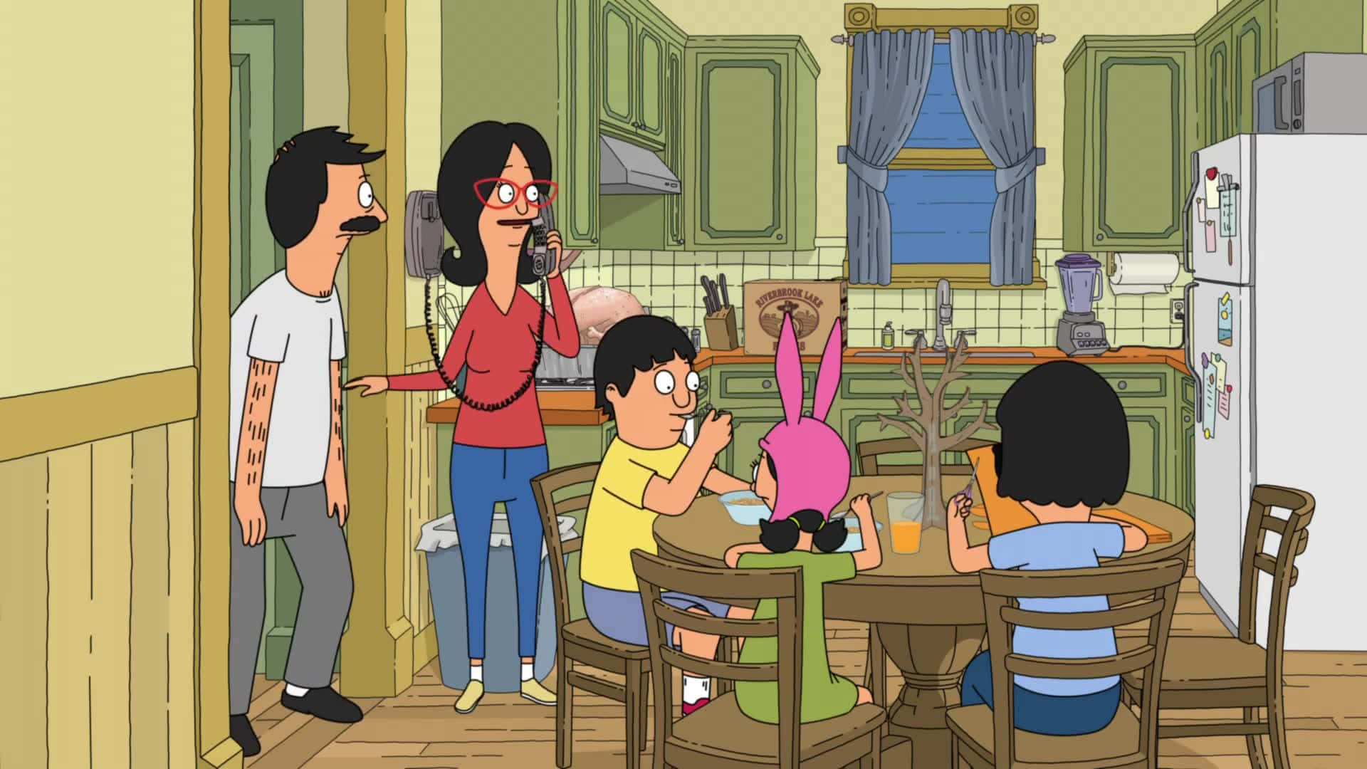 Belcher-gesin in die kombuis Bob's Burgers-agtergrond Muurpapier
