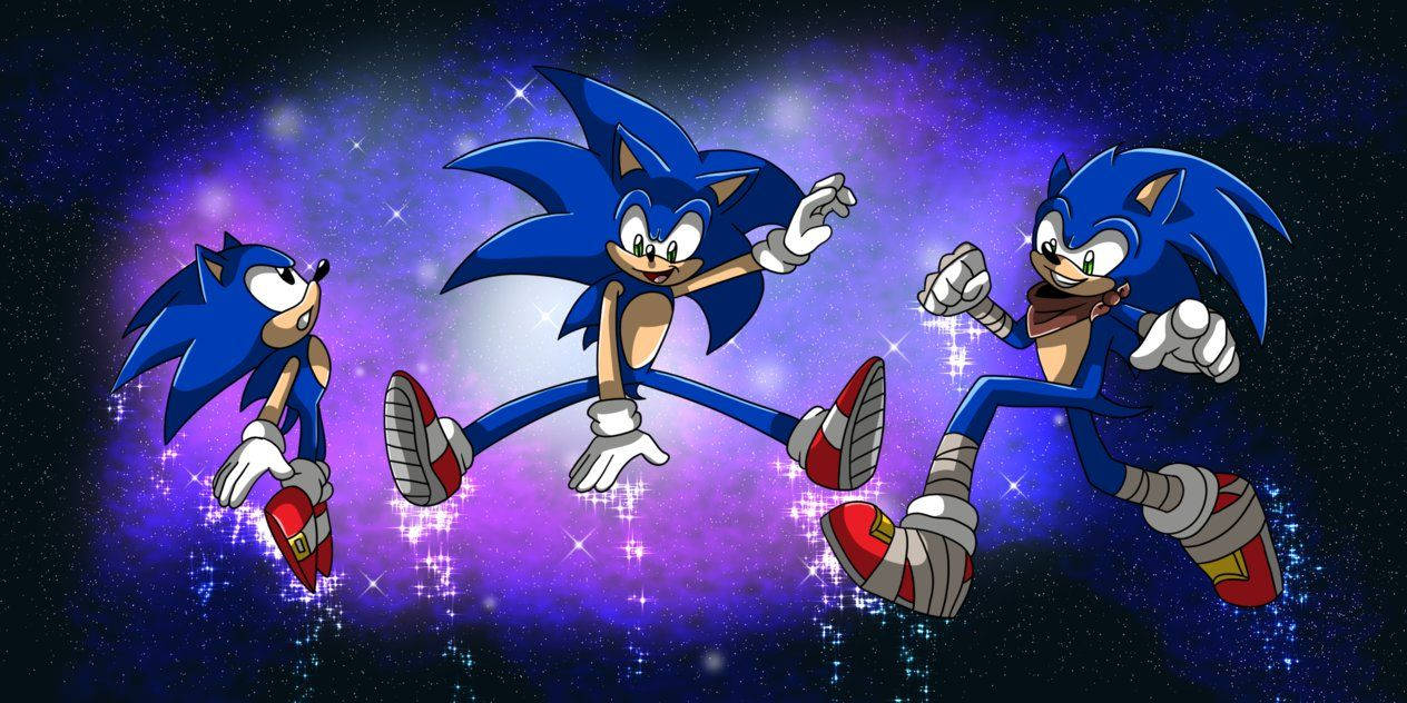 Behangpapier van Sonic wat in drie dinamiese bedrywe verskyn.