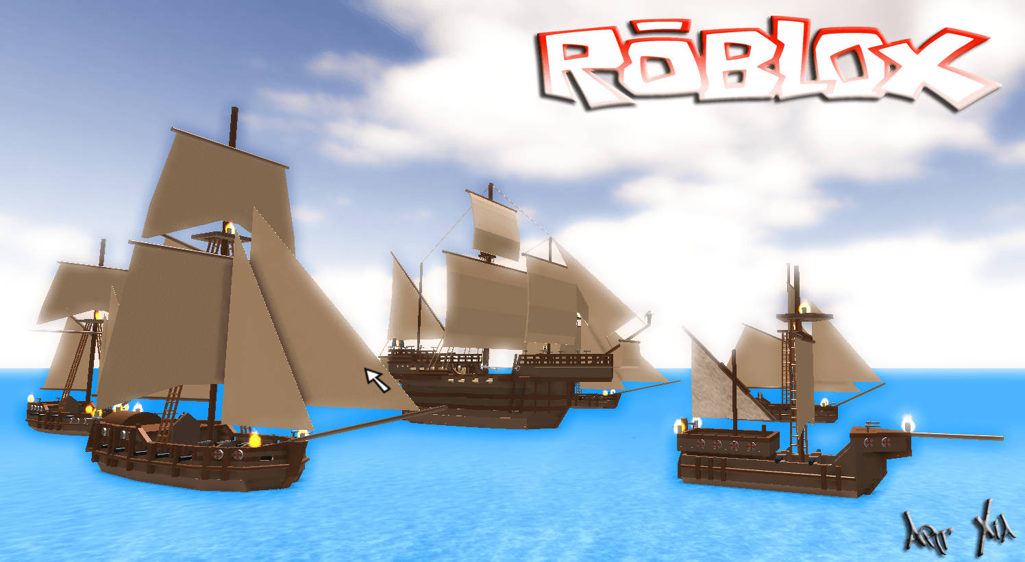 Wonderlike 3D-agtergrond van seerowerskepe in die aanlynspeletjie Roblox.