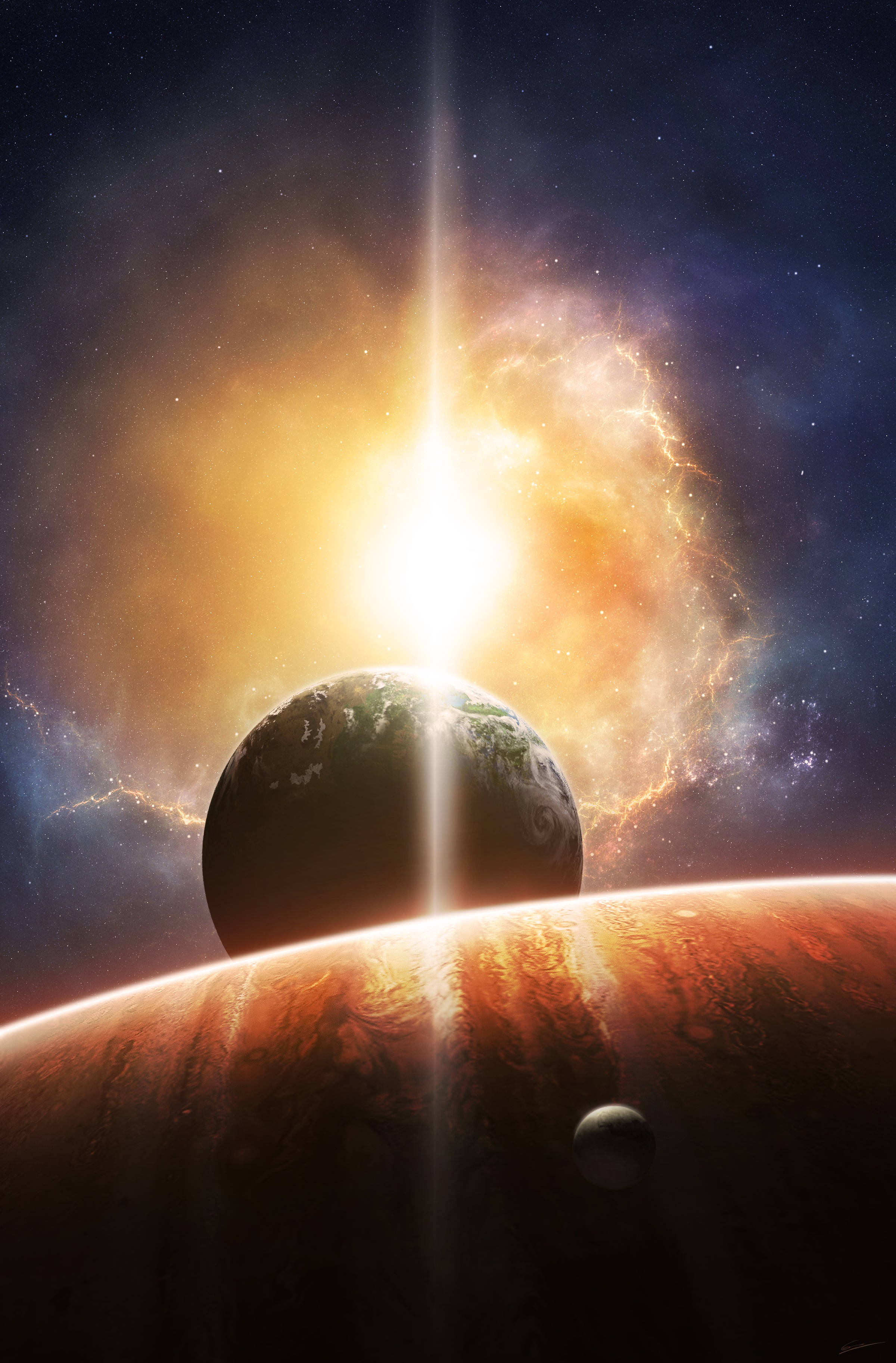 Belynende Planete en Sonvlamme Muurpapier