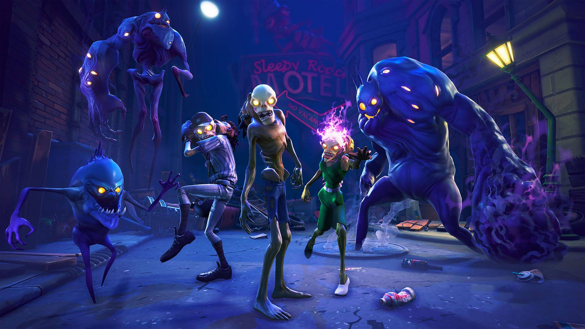 Zombie met verskillende kostuums en Mini-bosse van die Red die Wêreld-modus in Fortnite-agtergrond.