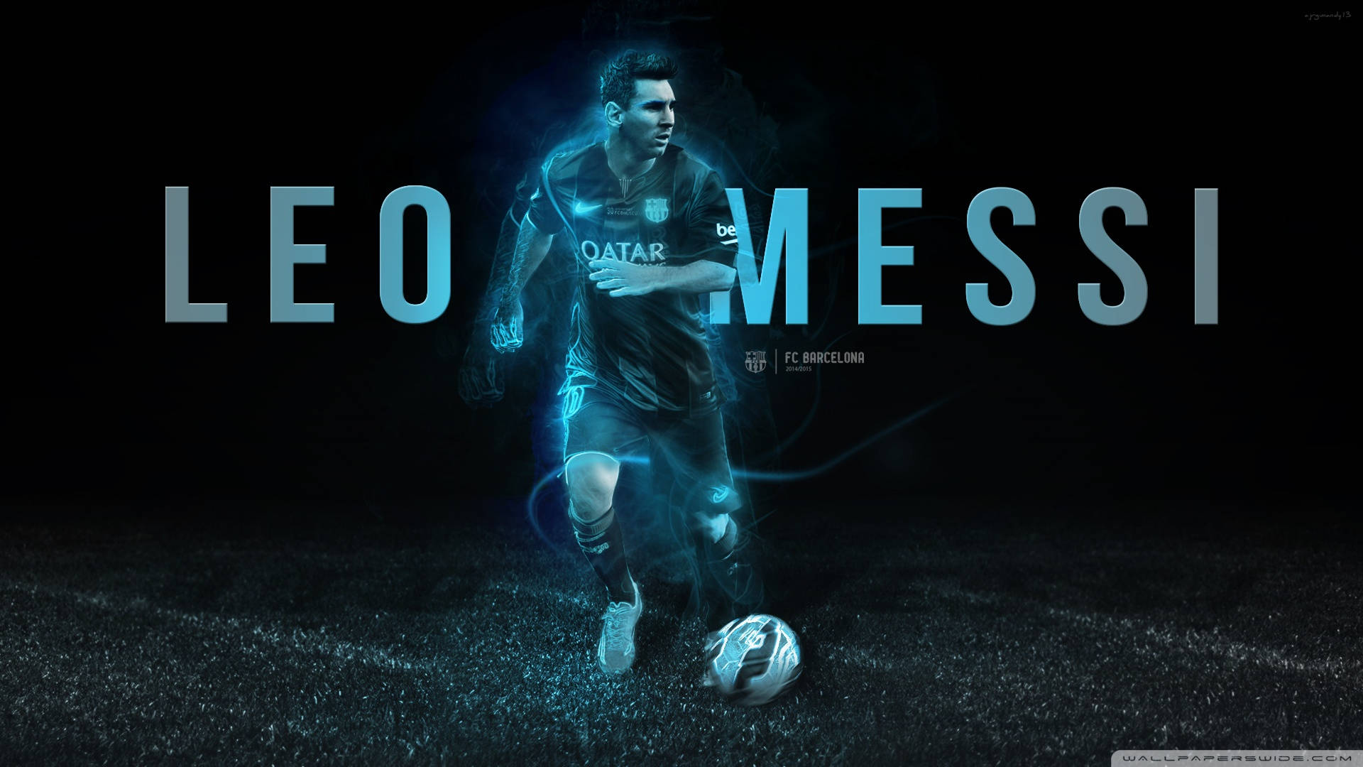 Leo Messi in neon blou lig met blou naam teks agtergrond