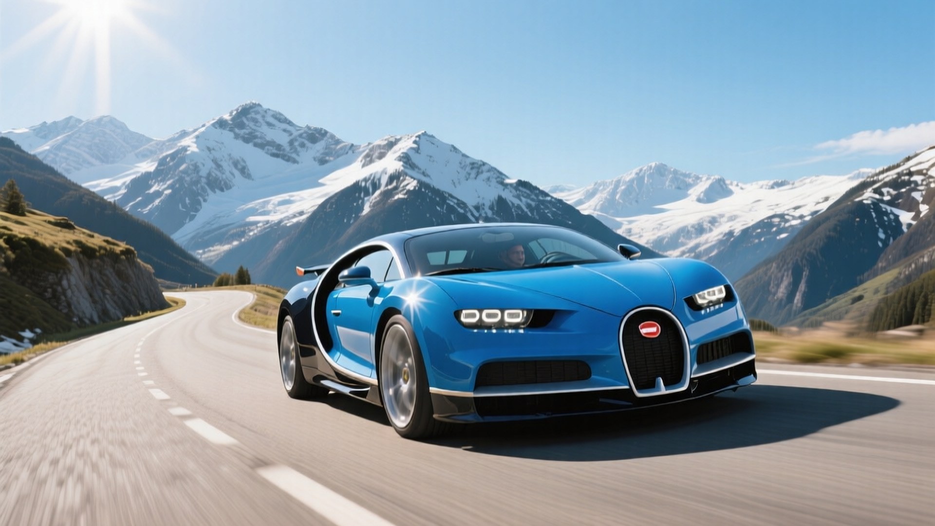 Blou Bugatti Chiron op kronkelende bergpad — Koel motors Muurpapier