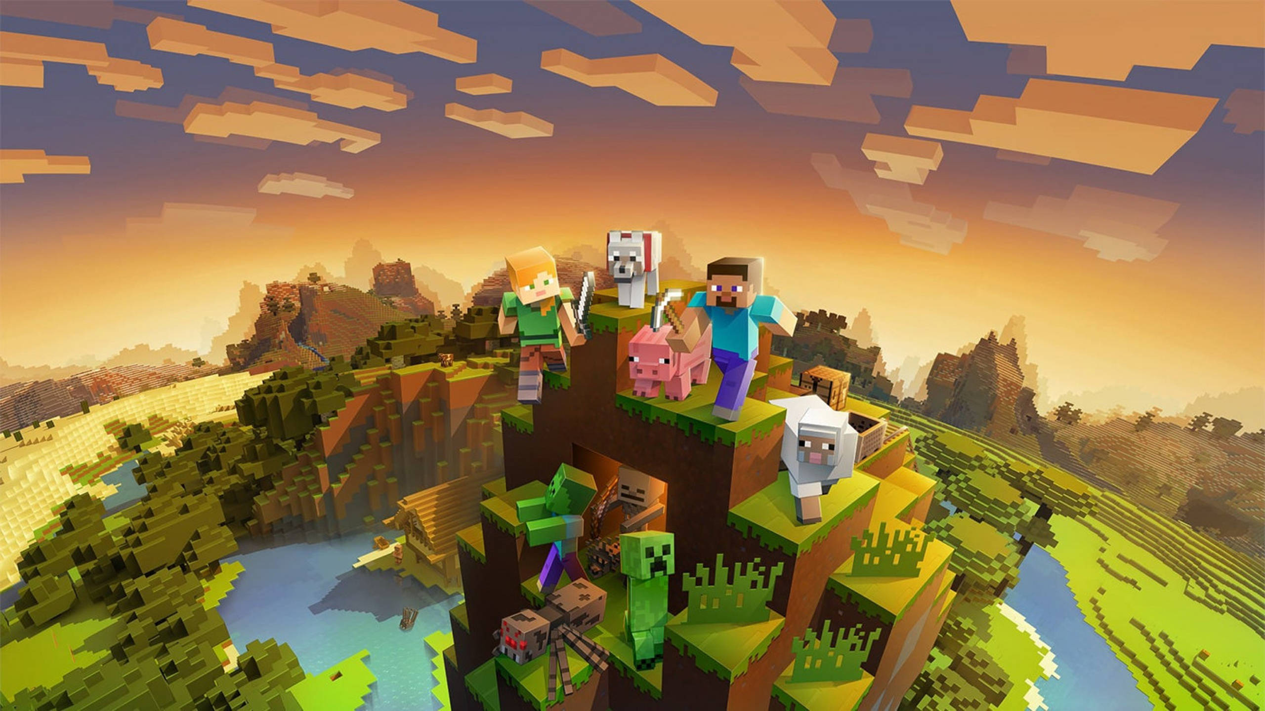 Berg teen Sonsondergang 2560x1440 Minecraft Muurpapier