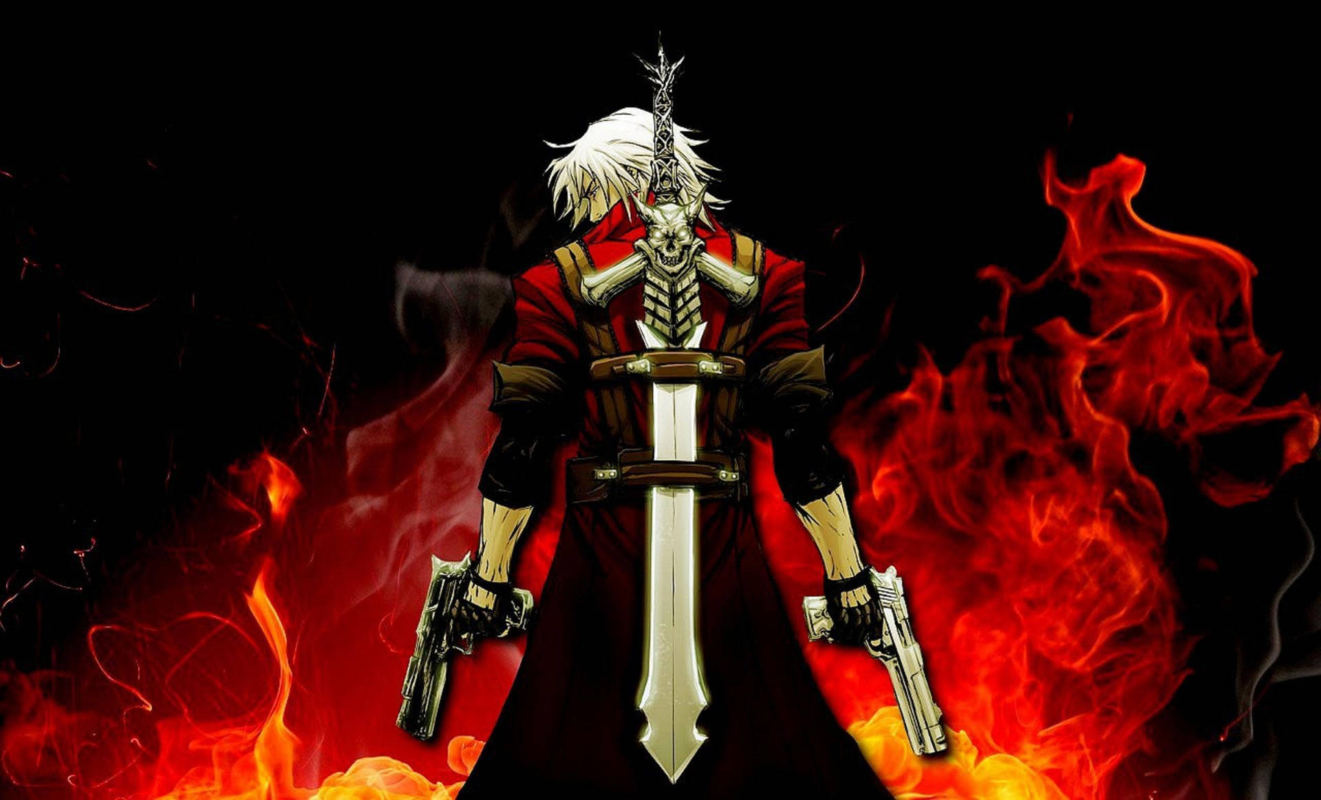 Demon Slayer-agtergrond van 'n man wat gewere en 'n swurd op sy rug vashou. — Demon slayer 4K GIF Muurpapier