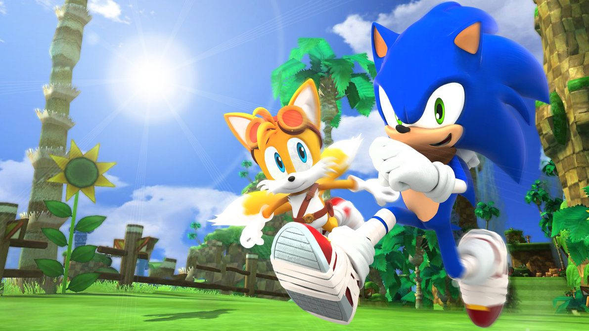 Behangpapier van Sonic en Tails wat op 'n sonnige dag rondhardloop.