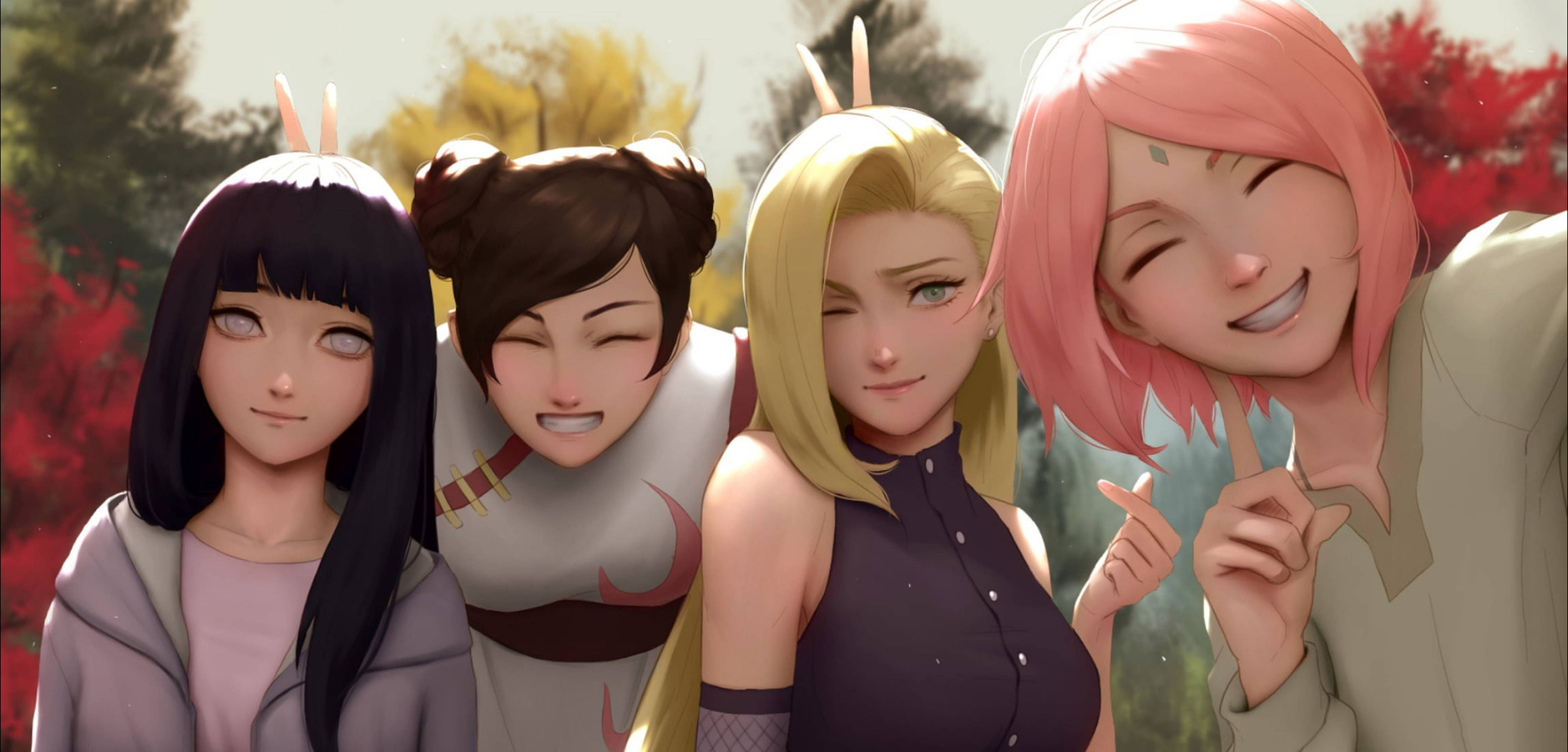 Betowerende 4K-agtergrond met ikoniese Naruto-vroulike karakters Muurpapier