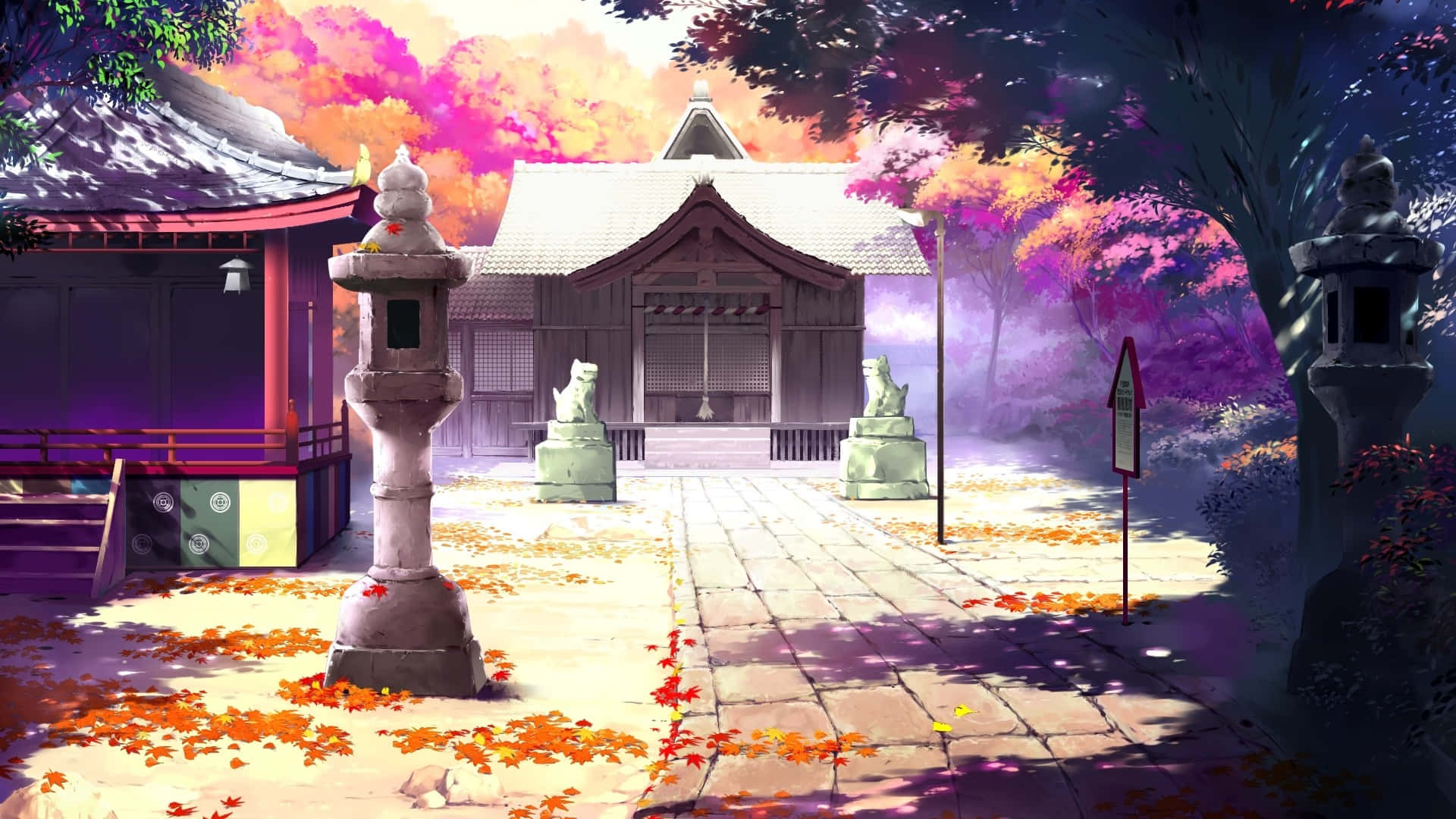 Betowerende Anime Landskap met Kersiebloeisel Bome Muurpapier