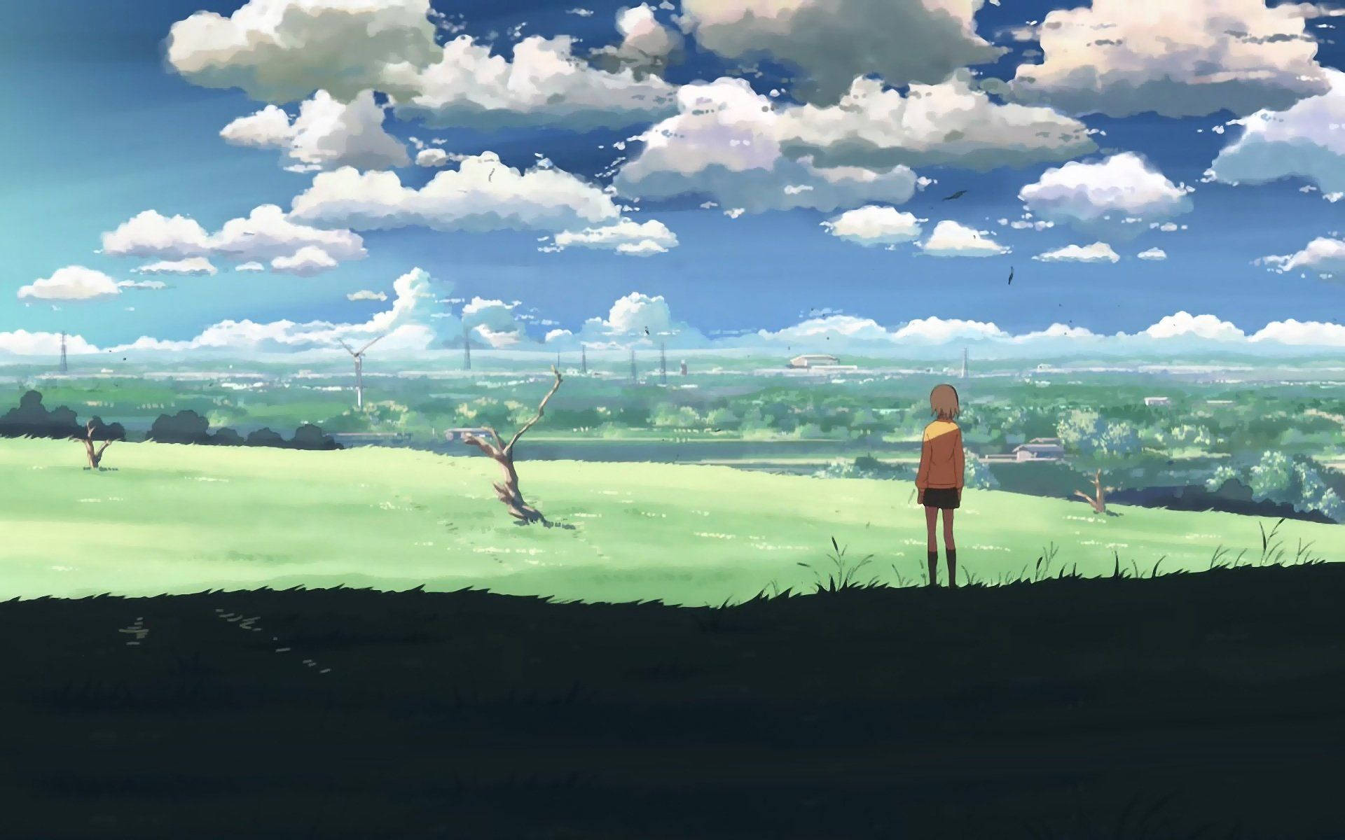 Betowerende Anime Landskap van 'n Uitgestrekte Oop Veld Muurpapier