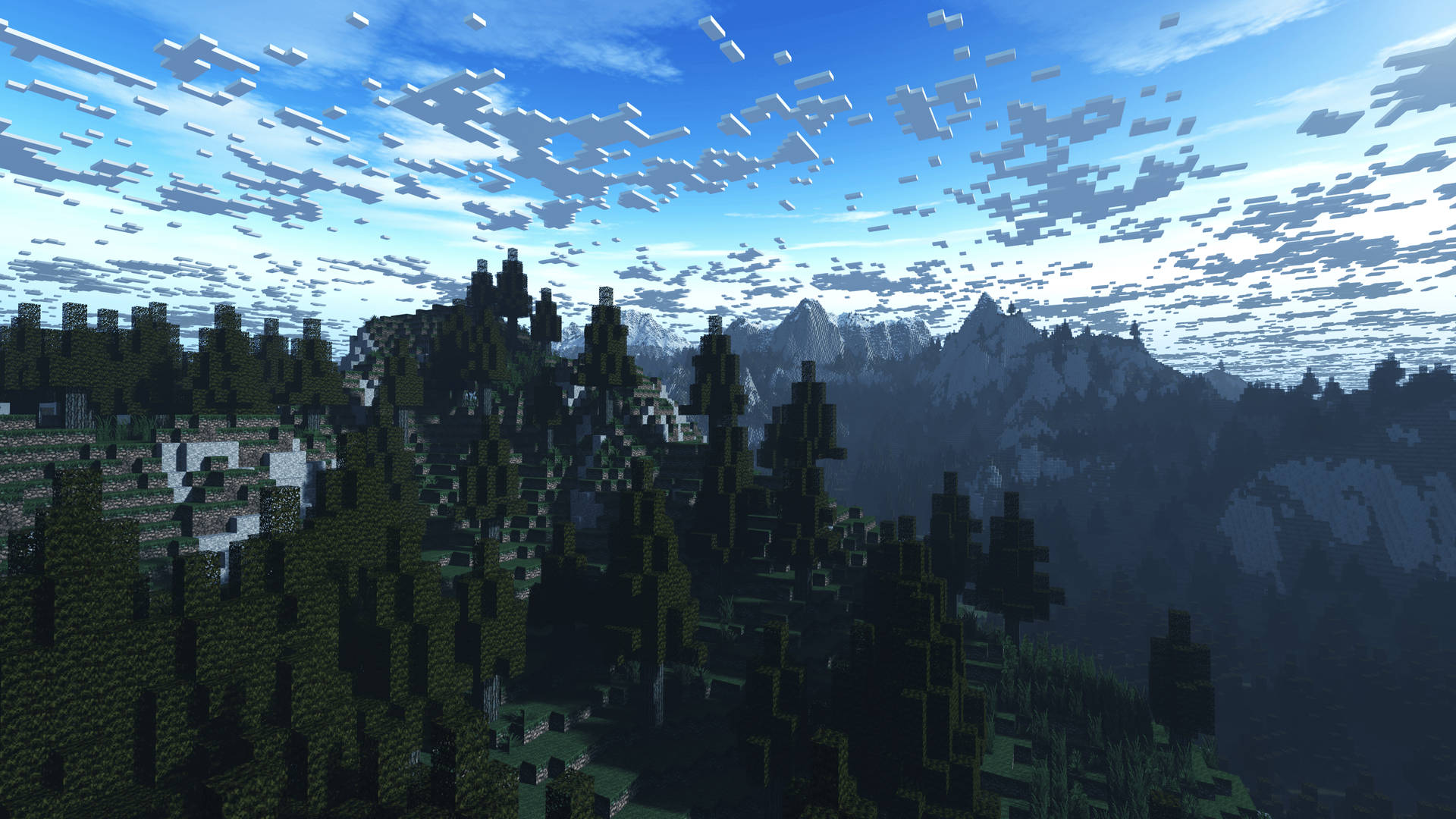 Minecraft HD bewolkte uitsig groen woud agtergrond