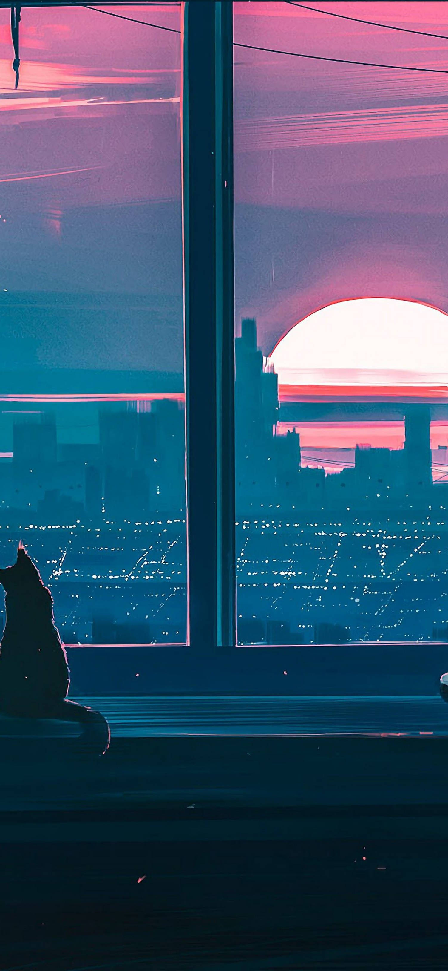 Betowerende Sonsondergang Anime-estetika vir iPhone - 'n Kat by die Venster Muurpapier