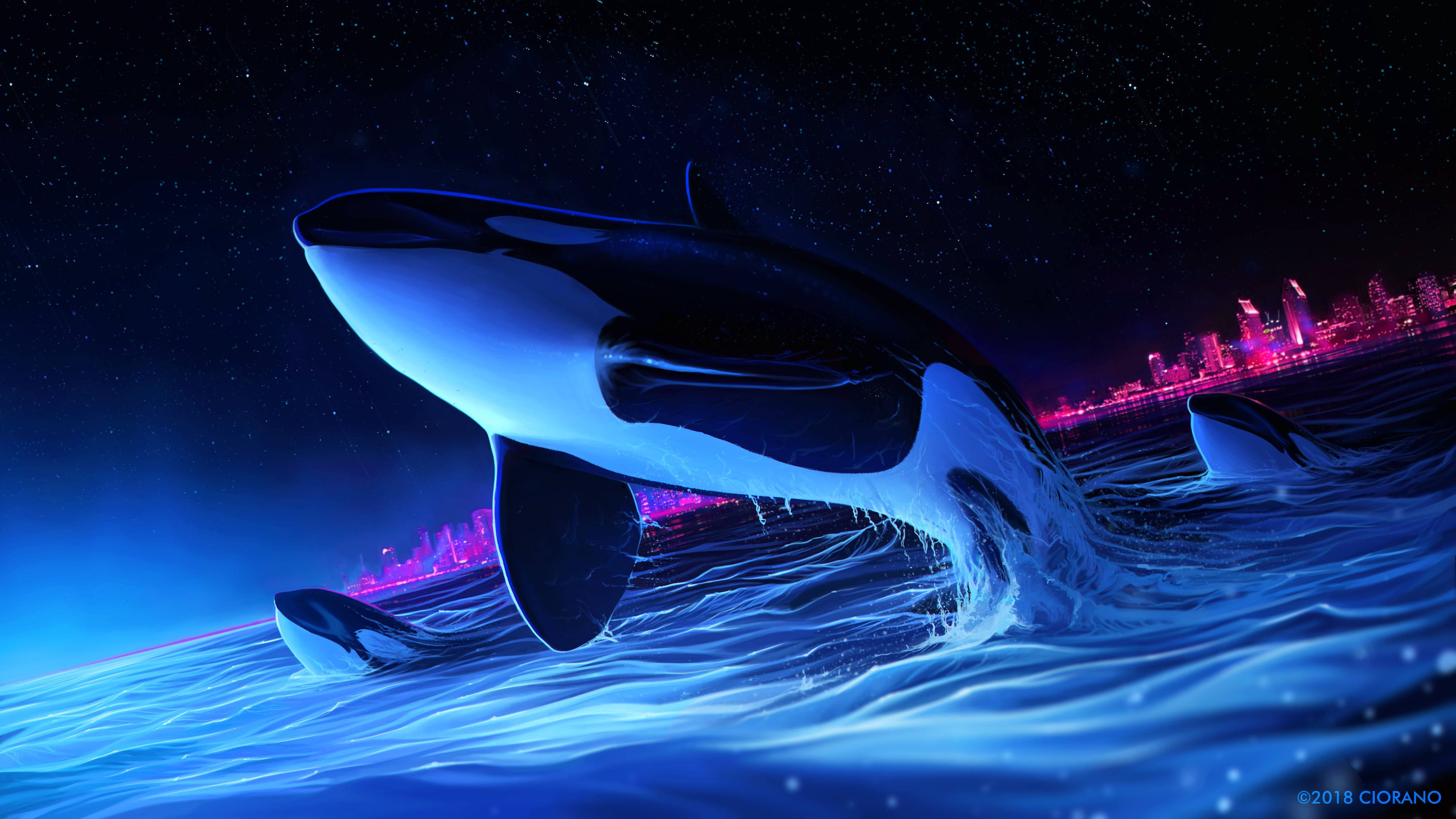Betowerende Walvis wat Spring Donker 4K Muurpapier