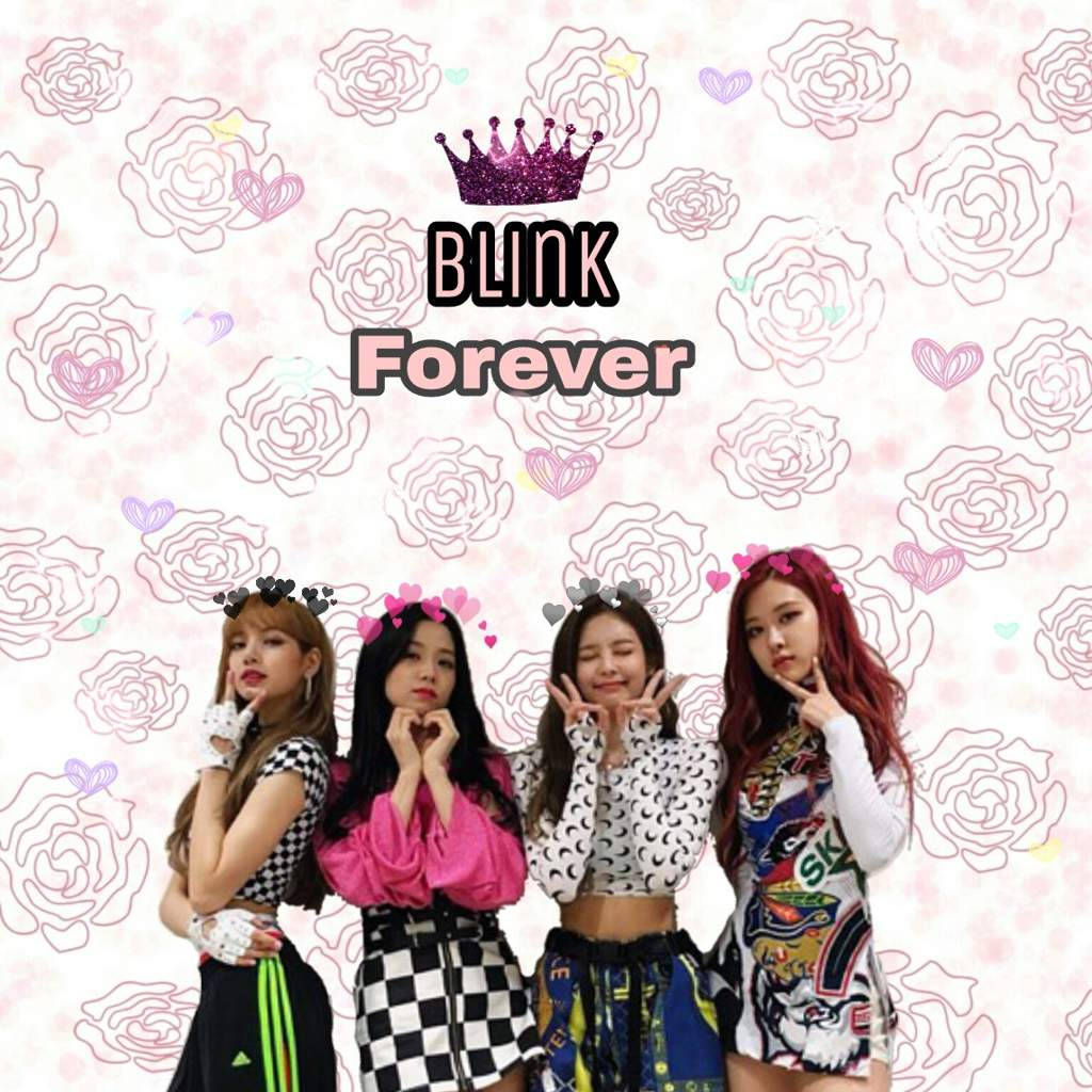 Blackpink-lede met Blink Forever-teks en pers kroon-agtergrond