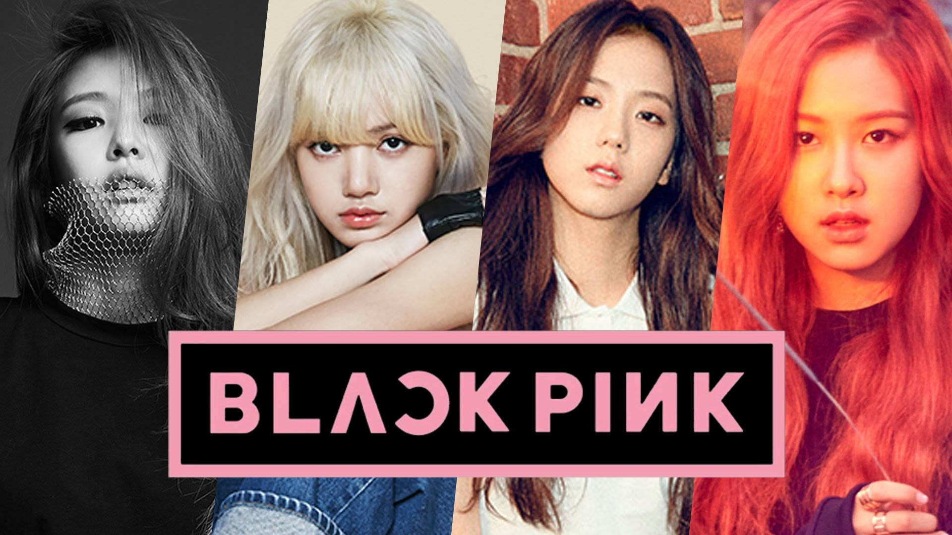 Blackpink-lede in baniere met die groep se logo-agtergrond