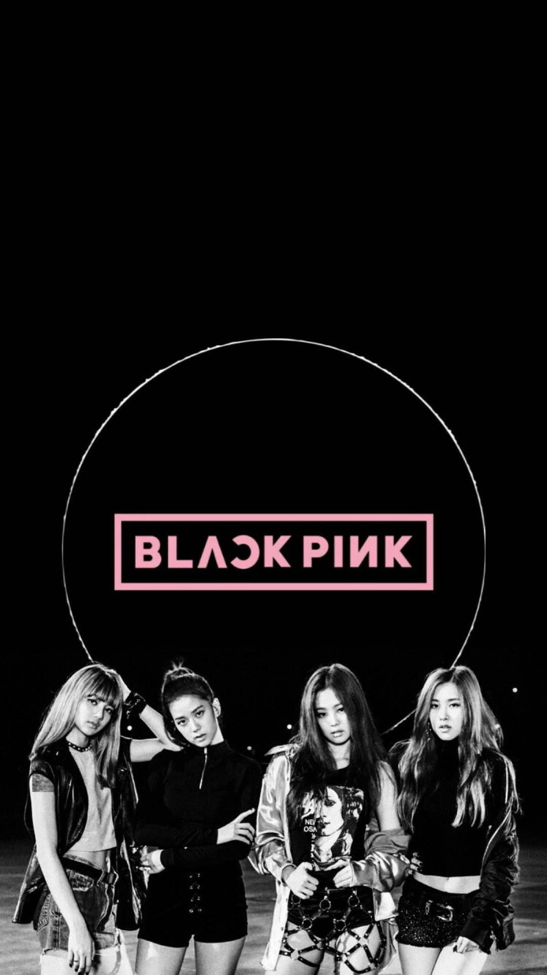 Blackpink agtergrond van lede op swart agtergrond met logo in ligring
