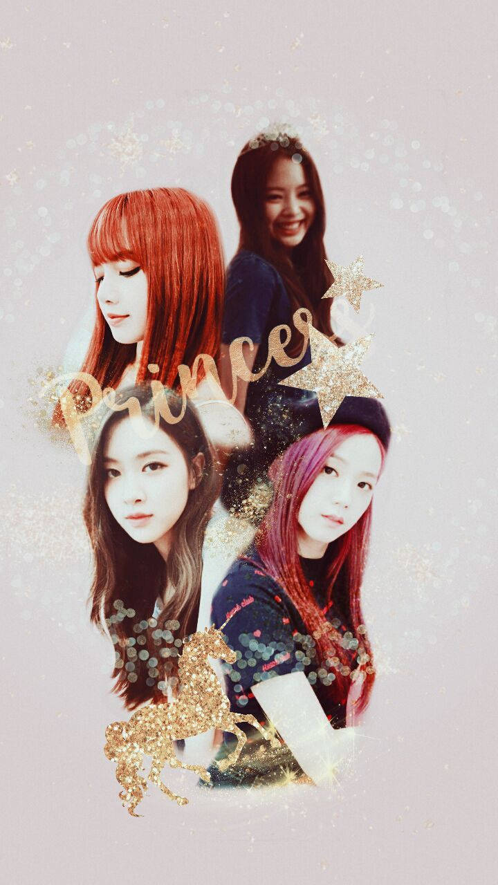 Blackpink lede met goue Princess teks op wit agtergrond agtergrond
