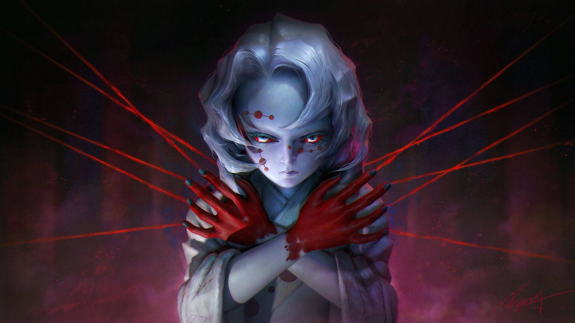Bloederige Hande Rui Demon Slayer Muurpapier