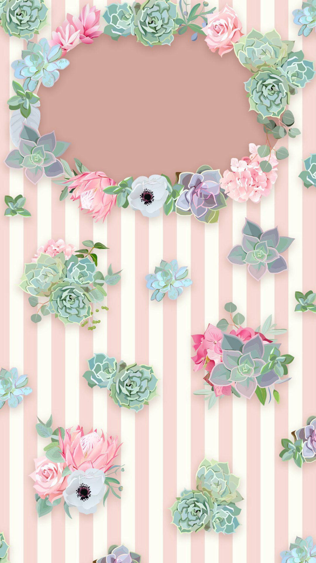 Blomme Op Kawaii Pienk Streep Agtergrond Muurpapier