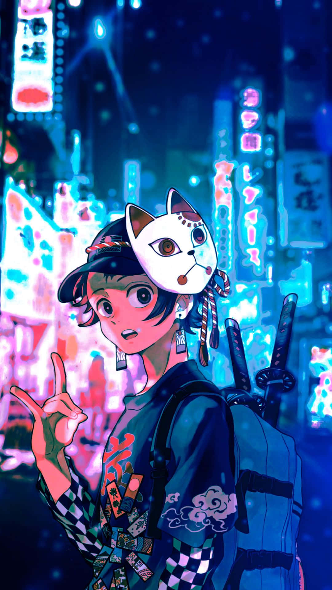 Blou Anime Tanjiro Kamado Duiwelverslaaner Muurpapier